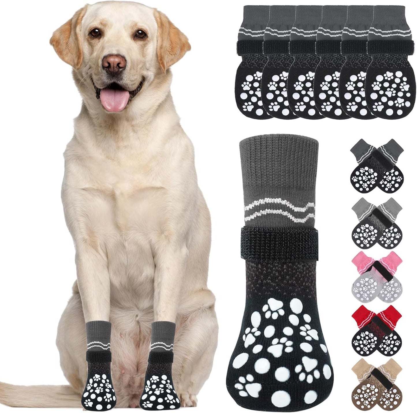 BINGPET 6PCS Dog Socks to Prevent Licking Paws with Grippers for Hardwood Floors Anti Slip, Winter Pet Shoes Booties, Extra-Thick Grip Dog Boots & Paw Protectors for Small Medium Large Senior Dogs, M
