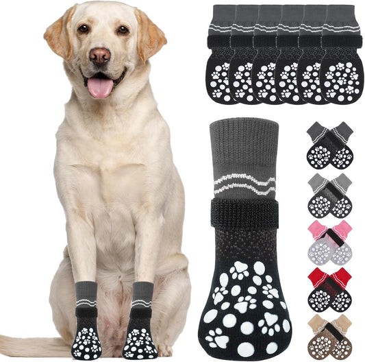 BINGPET 6PCS Dog Socks to Prevent Licking Paws with Grippers for Hardwood Floors Anti Slip, Winter Pet Shoes Booties, Extra-Thick Grip Dog Boots & Paw Protectors for Small Medium Large Senior Dogs, M