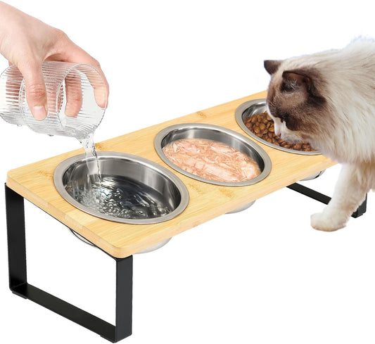 Elevated Cat Bowls with 3 Stainless Steel, 15° Tilted Raised Cat Bowl Set, for Indoor Cats for Small Cats and Puppies Pet Bowls with Stand