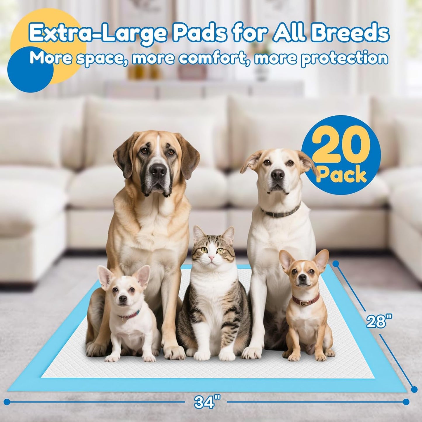 Extra Large Dog Pee Pads 28" x 34" - Barpor 5-Layer Super Absorbent Puppy Pads with Leak-Proof Quick-Dry & Fast-Edge Absorption, Disposable Dog Training Pads Anti-Slip, 20 Pack