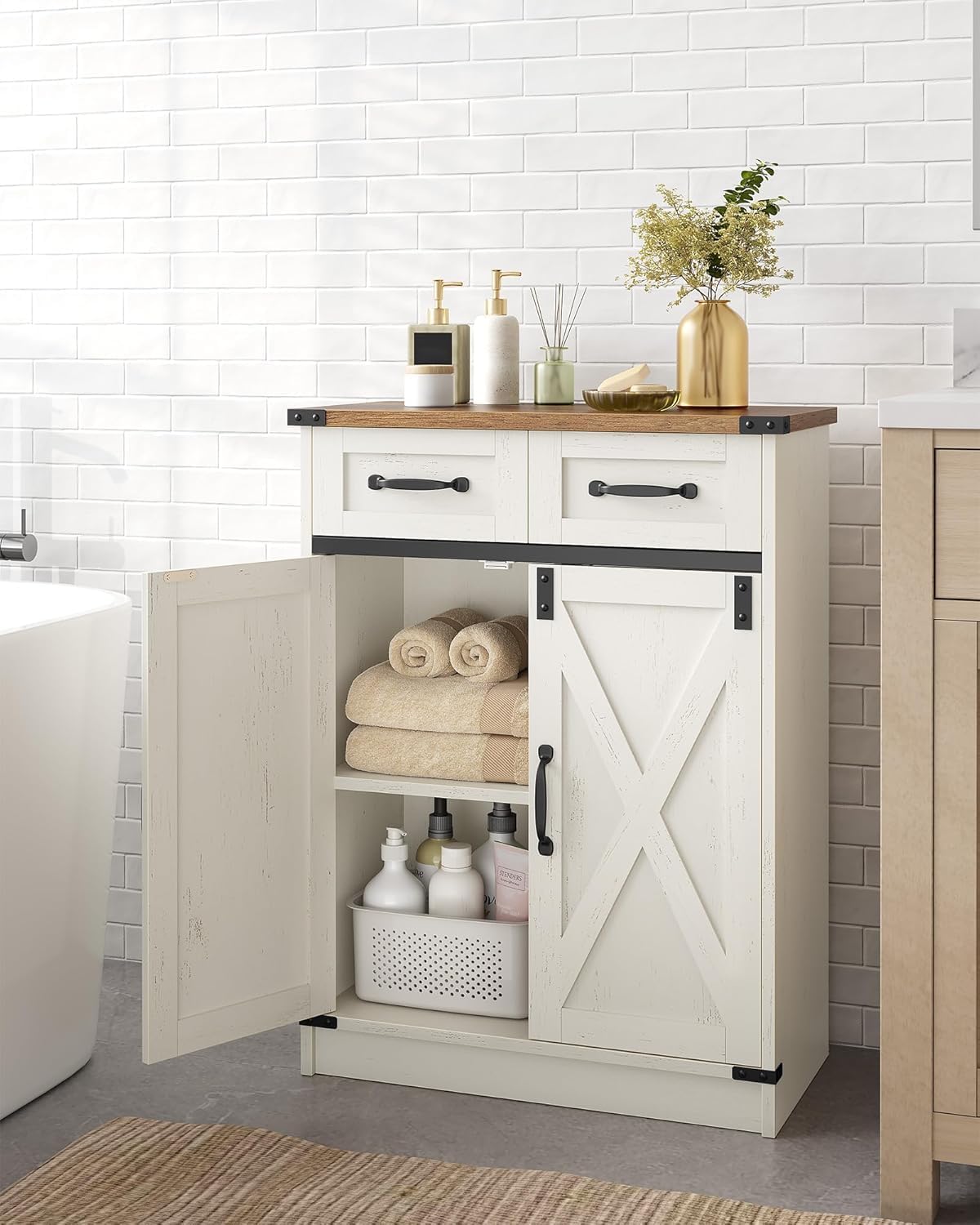 Bathroom Storage Cabinet, Freestanding Bathroom Floor Cabinet with Drawers & Doors, Farmhouse Buffet Cabinets with Adjustable Shelf, for Kitchen, Living Room, Entryway, White Brown SC62414X