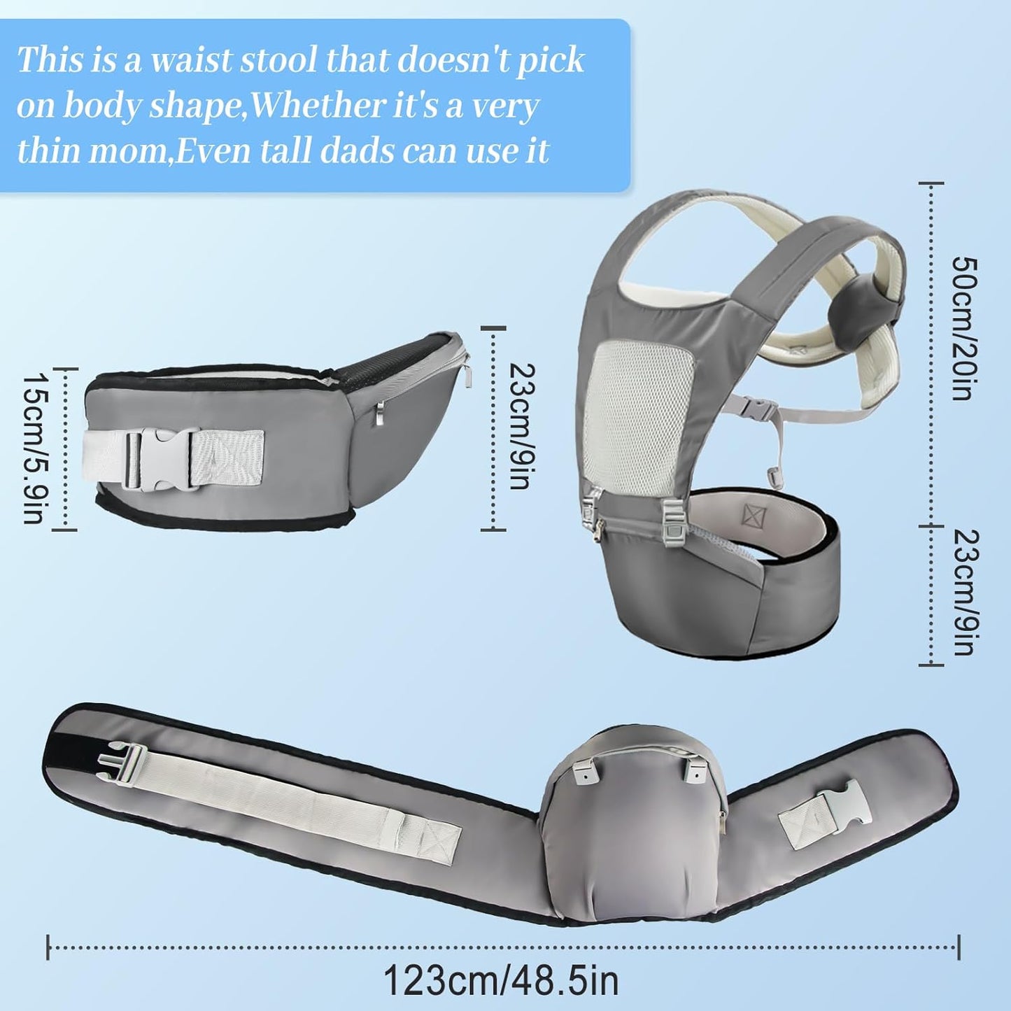 Baby Carrier with Hip Seat,Safety-Certified 2-in-1 Baby Carrier Newborn to Toddler, Adjustable Detachable Infant Hip Seat for Baby 44lbs, Comfortable Lightweight, Baby Bibs for Boys and Girls, Gray