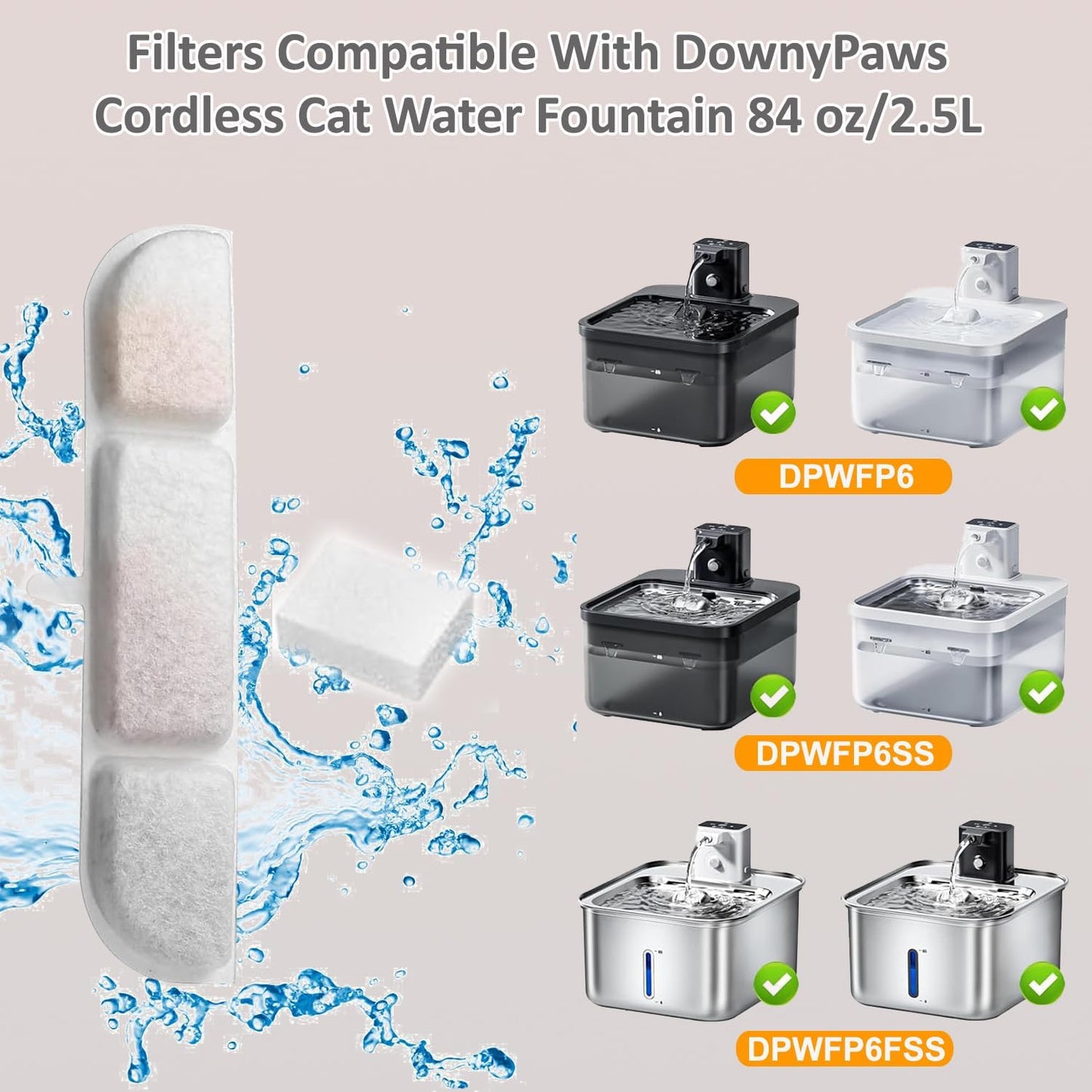 16 Packs Replacement Filters Compatible with Fursink Pet Water Fountain, Filter Replacement for Downy Paws 84oz/2.5L Wireless Cat Water Fountain DPWFP6 with 16 Pump Sponges and 1 Hard Brush