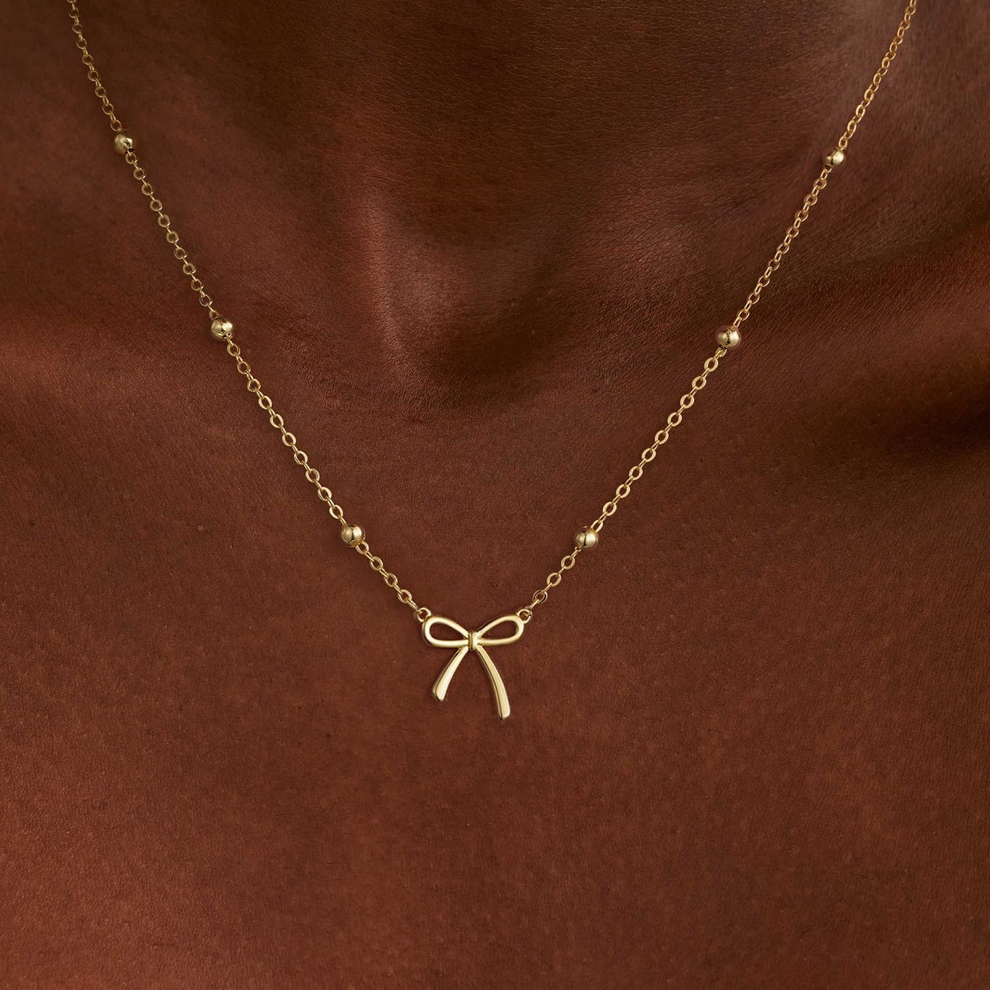 Easter Basket Stuffers - Dainty Bow Necklace for Women 14K Gold Plated Cute Choker Small Pendant Charm Necklaces Teen Gift Trendy Stuff Personalized Jewelry