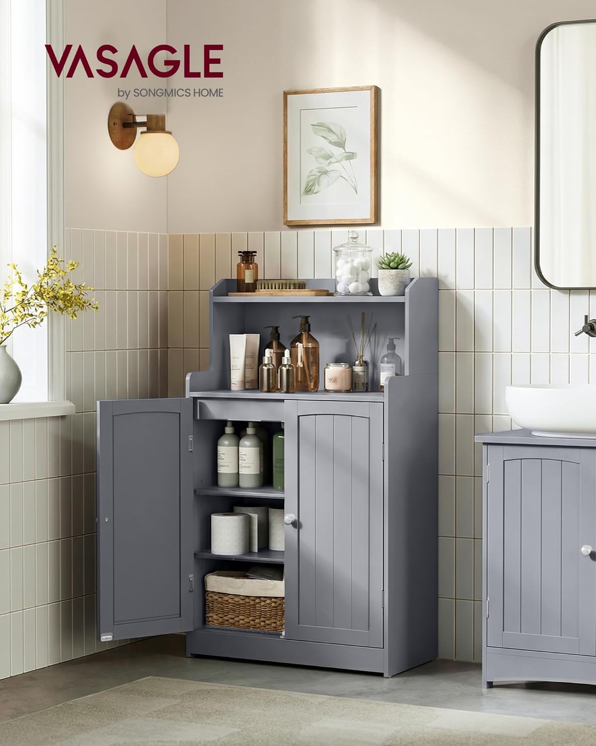 VASAGLE Bathroom Storage Cabinet, Bathroom Floor Cabinet with 2 Doors, 2 Adjustable Shelves, 11.8 x 23.6 x 39.4 Inches, Freestanding, for Dining Room, Kitchen, Living Room, Dove Gray BBC770GD01S