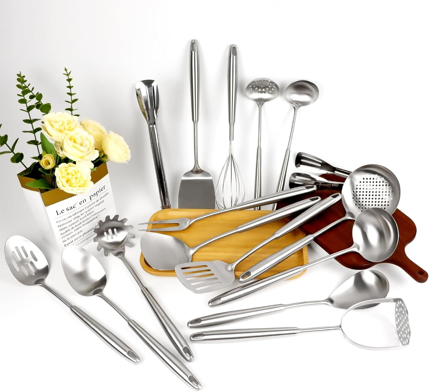 304 Stainless Steel Cooking Utensils Set, 16PCS Stainless Steel Kitchen Utensils Set, Metal Kitchen Utensils Set Include Meat Fork, Tongs, Turner, Soup Ladle, Dishwasher Safe