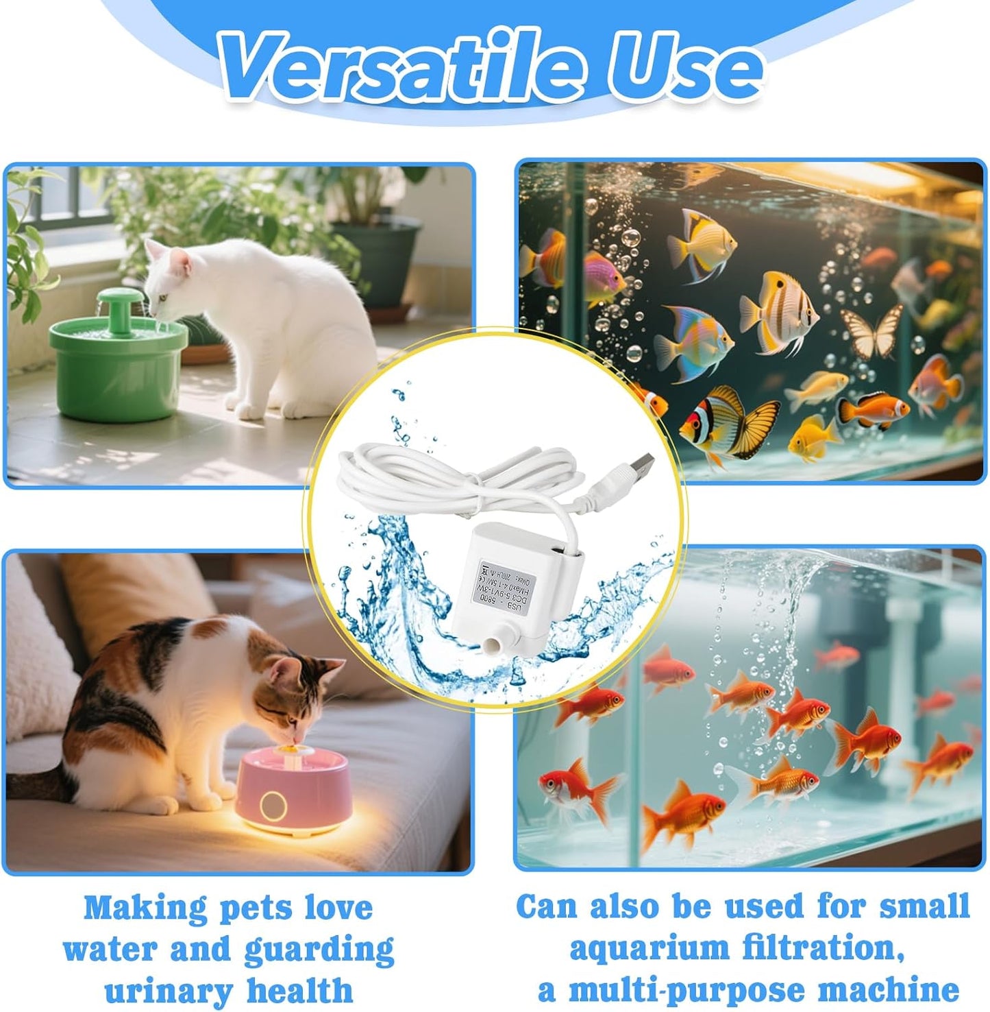Water Fountain Pump Replacement - 3.5-9V White Mini Submersible Pump,USB-5800 for Pet Fountains, Fish Tanks, Crafts & Plants - Quiet, Durable & Universal Fit