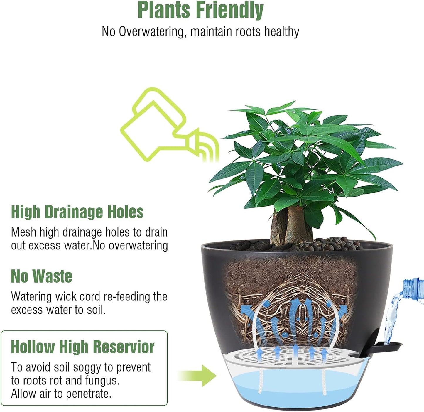 12 inch Large Self Watering Pots, Plastic Planters with 60oZ Removable Deep Reservoir and Multi Mesh Drainage Holes for Indoor Outdoor Garden Plants and Flowers, Black
