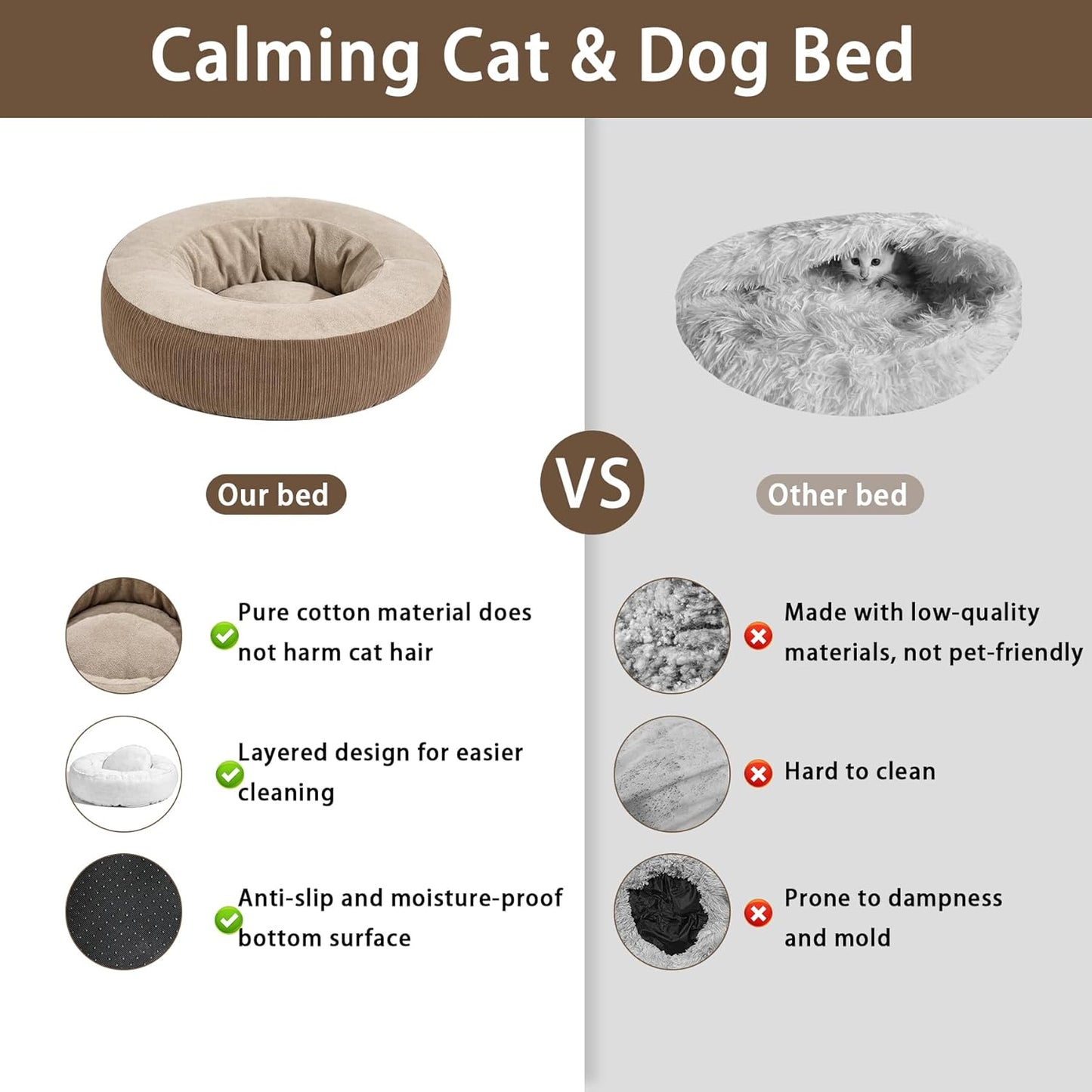 Calming Cat Bed with Anti-Slip Bottom, Washable Removable Round Cozy Donut Pet Bed for Indoor Cats, Small Dogs, Kittens & Puppies 20”x20”x6”