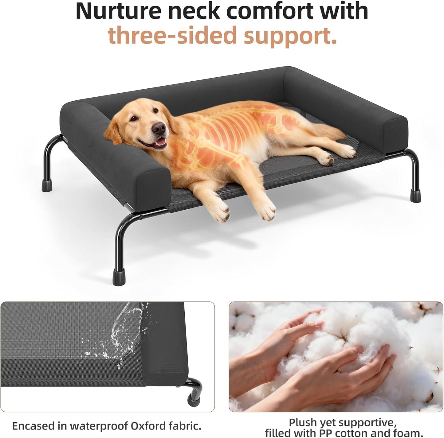 Cooling Elevated Dog Bed for Large Dogs, Raised Dog Bed with Breathable Mesh, Outdoor Indoor Removable and Waterproof Pet Cot, Black