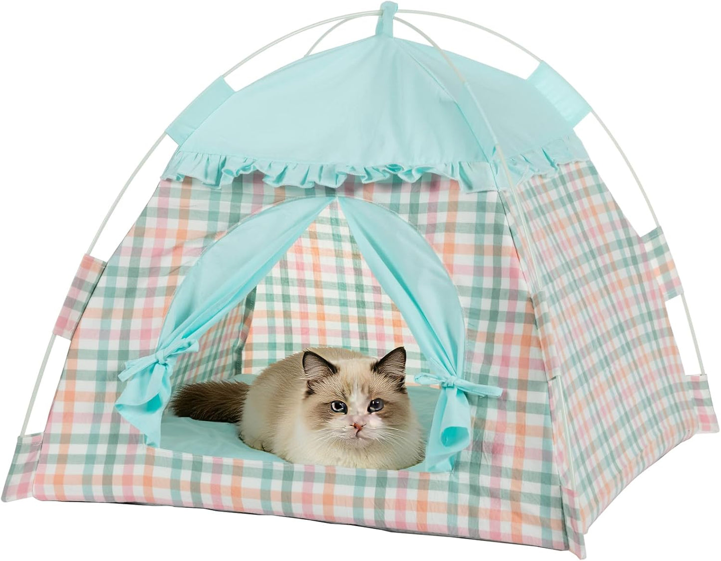 Foldable Cat Tent for Indoor & Outdoor Use - Features Breathable Mesh Fabric and a Stylish Denim Plaid Pattern | Perfect as Cat Tents, Cat House, or Puppy Tent