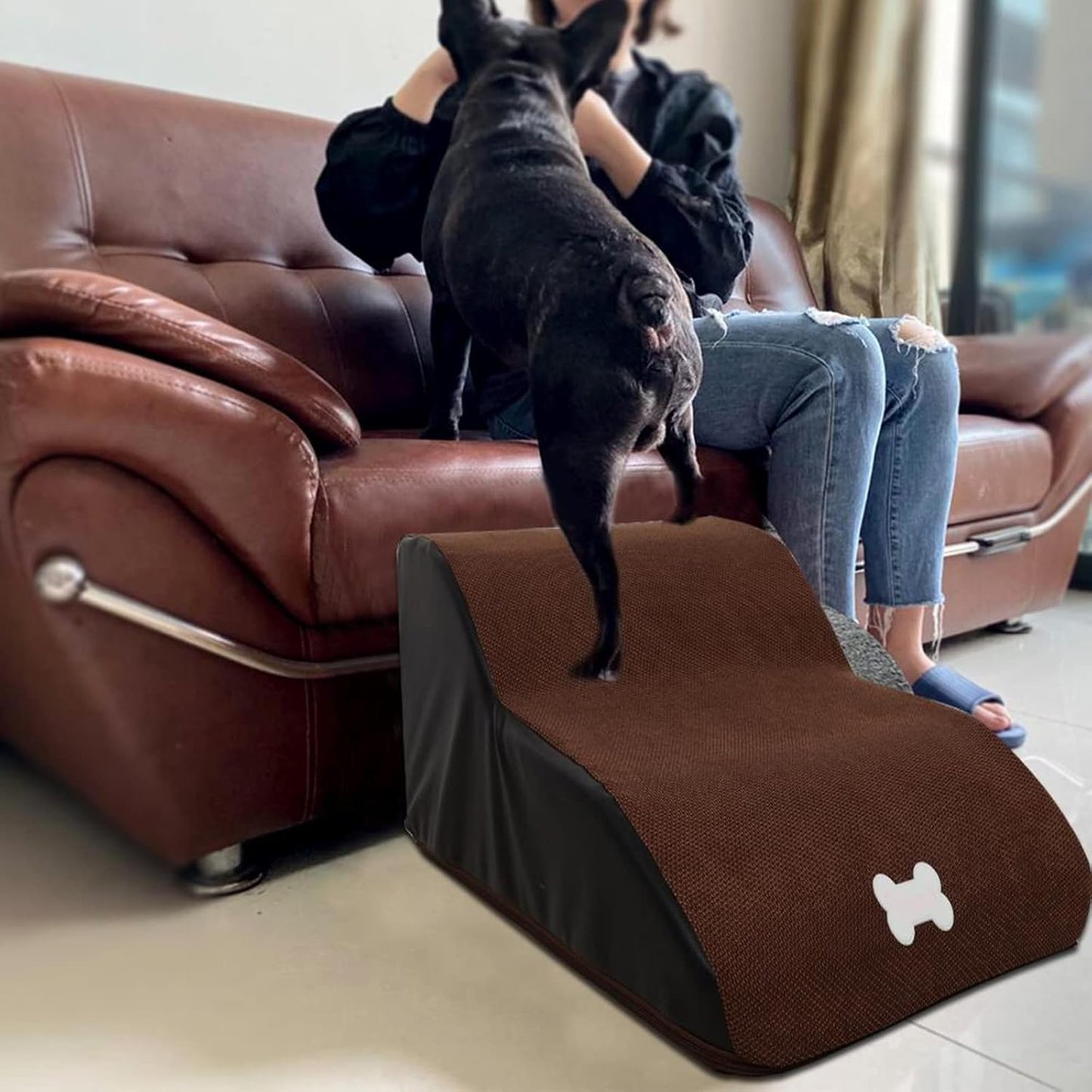 2 Tier Pet Foam Stairs, Extra Wide Deep Dog Ramp for Sofa, Soft Foam Dog Ladder for Older Injured Small Dogs Puppies Cats for Low Sofas Stairs Bed