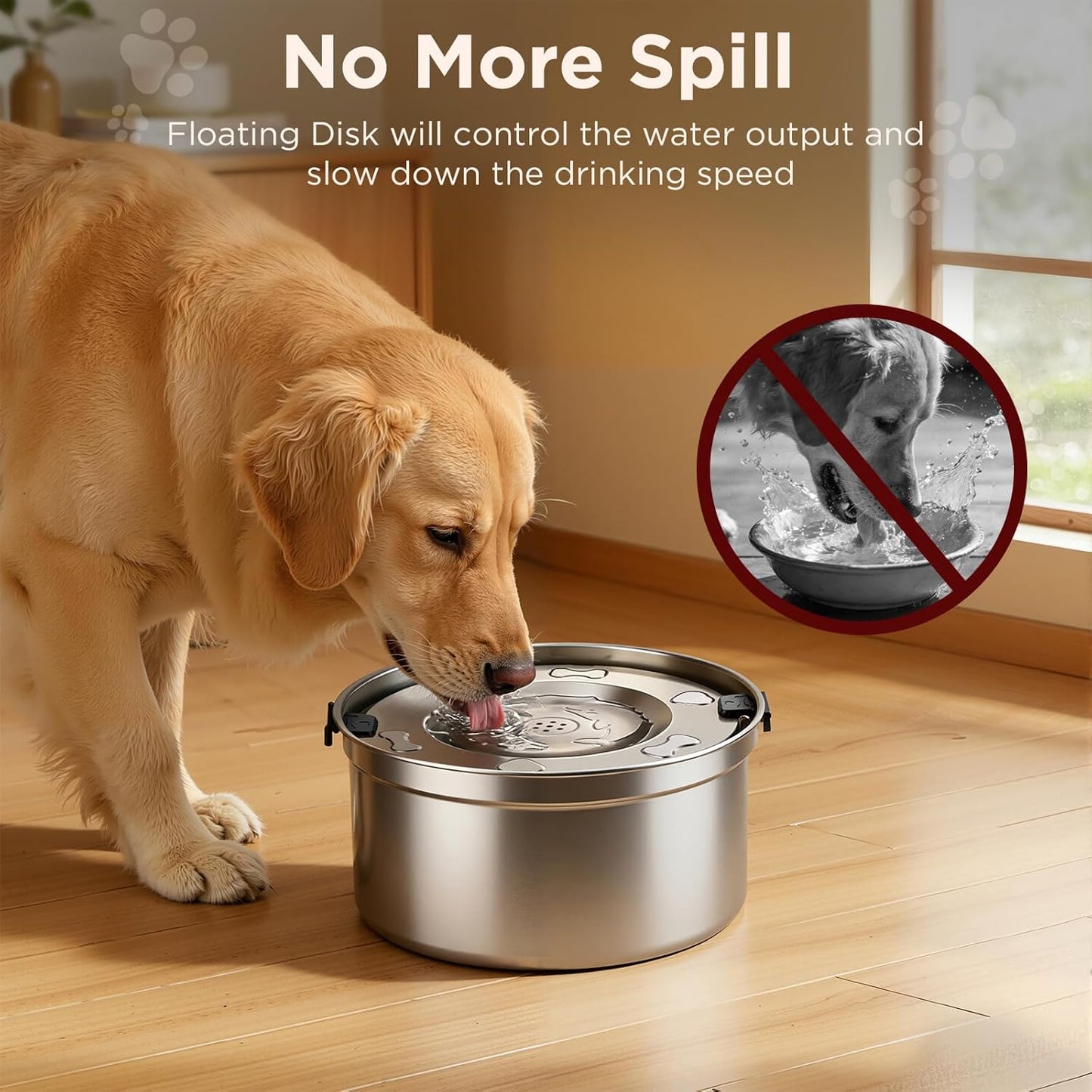 3.2L/108oz No Spill Dog Water Bowl & 4 Cups Slow Feeder Bowl Set - 304 Stainless Steel, Splash Proof Anti Slobber Stopper for Dogs, Slow Drinking & Eating Puzzle Bowl for Large Medium Small Breeds