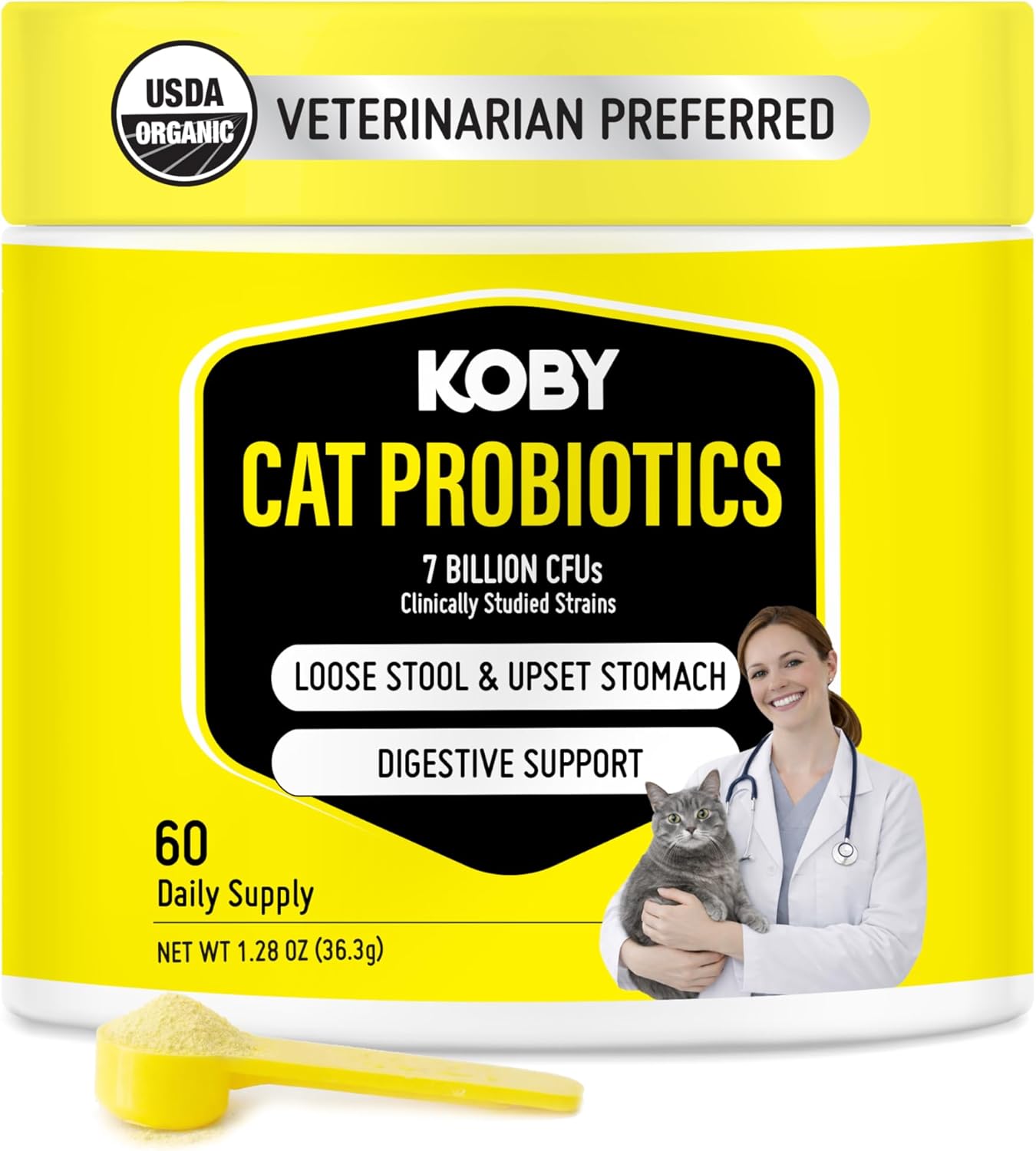 Koby Cat Probiotics | Daily Digestive Support for Sensitive Cats | Helps Loose Stool & Upset Stomach | Certified Organic | Vet Preferred, Clinical Dose | Easy-to-Use Powder