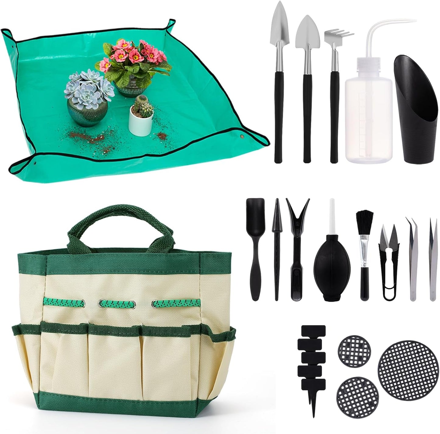 44pcs Small Gardening Tools Gifts for Women Beginners - Garden Hand Tools Set for Indoor Succulent Bonsai Plants Transplanting, Included Bag/Repotting Mat/Shovel/Labels, Green