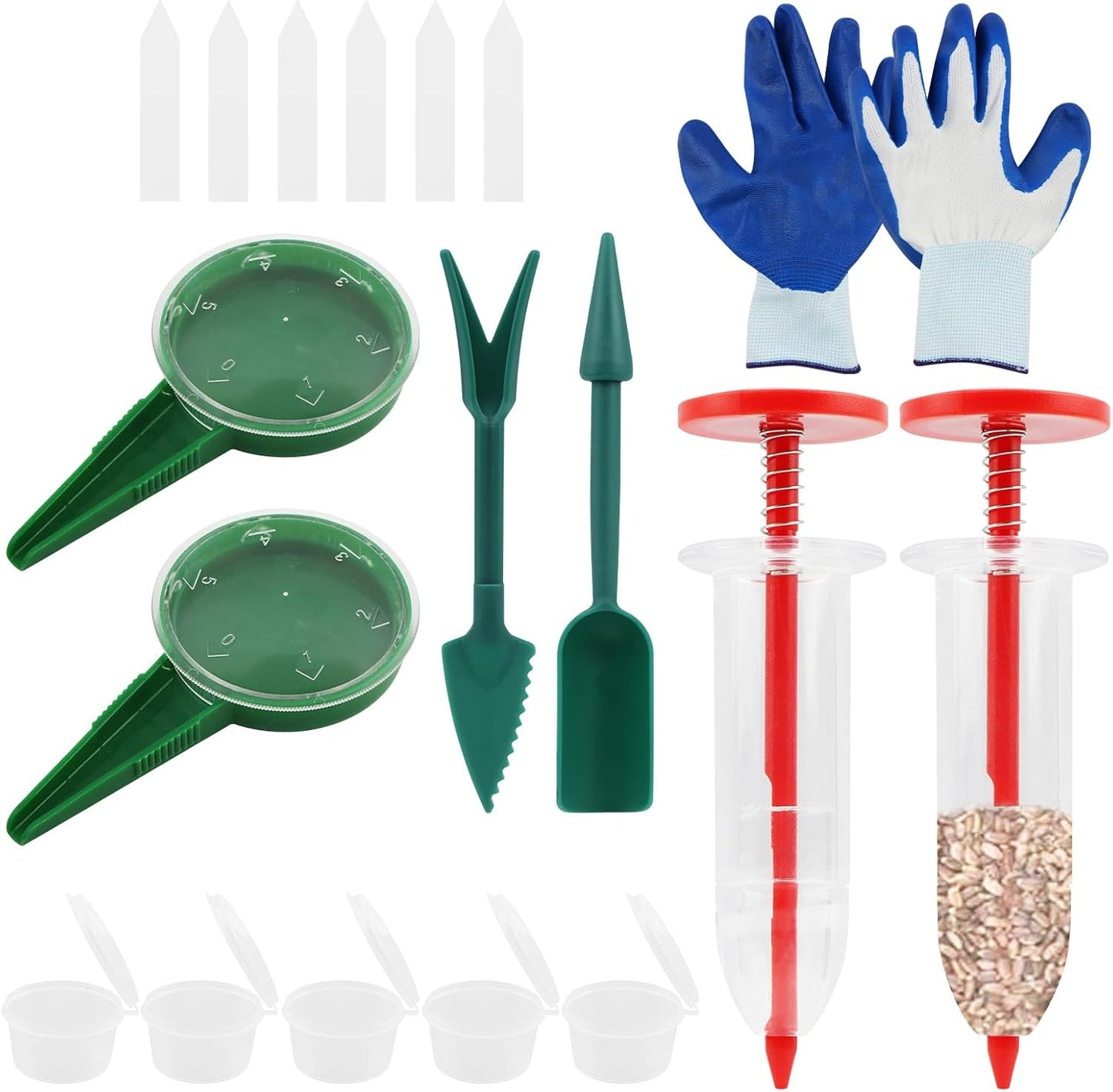 7 Piece Mini Seed Spreader Tool Set - Garden Planting Equipment with Hand Seed Dispenser Tools, Dibber Widger, Gloves for Small Seeds, Carrots, Lettuce, Herbs