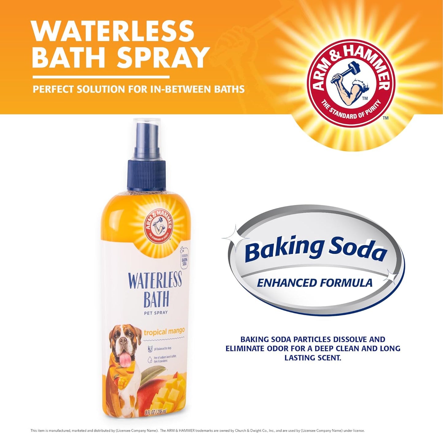 Arm & Hammer for Pets Waterless Bath Spray for Dogs Baking Soda, Mango Scent | Professional Quality Dog Grooming Spray, Free of Sodium Lauryl Sulfate & Parabens, 8 Fl Oz - 6 Pack