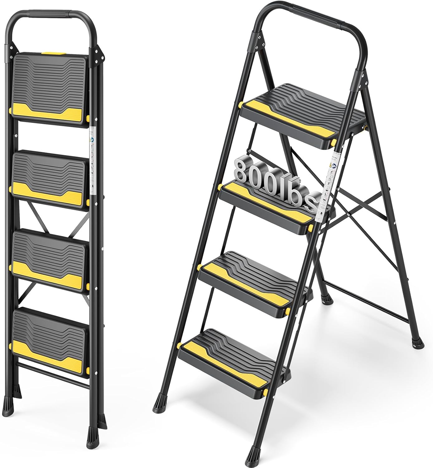 4 Step Ladder, Heavy-Duty Pass 800lb Capacity Test, Wide Anti-Slip Steps & Secure Handrail Compact, Folding Step Stool Portable Design for Home, Kitchen, Office, Pantry, Closet Use, Black