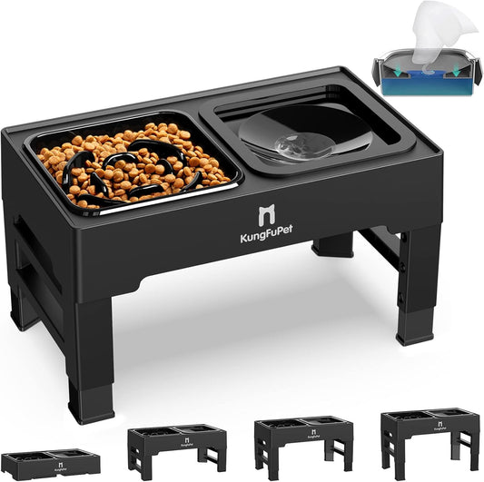 Elevated Dog Bowls, 2-in-1 Raised Slow Feeder Dog Bowls Stand with Anti Spill Non-Skid No Shaking Water Bowl 4 Height for Large Medium Dogs[Upgrade Version]