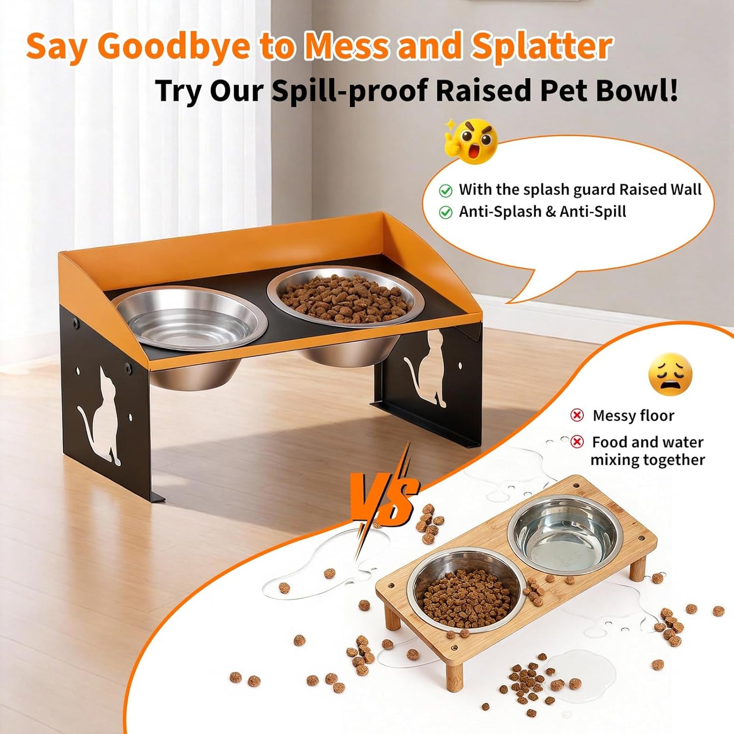 No Spill Raised Cat Food Bowl, 3-in-1 Elevated Dog Bowls with Splash Proof, Adjustable Cute Metal Stand,12° Tilted Anti-Vomiting, Stainless Steel Food and Water Bowl Set for Cats and Small Dogs