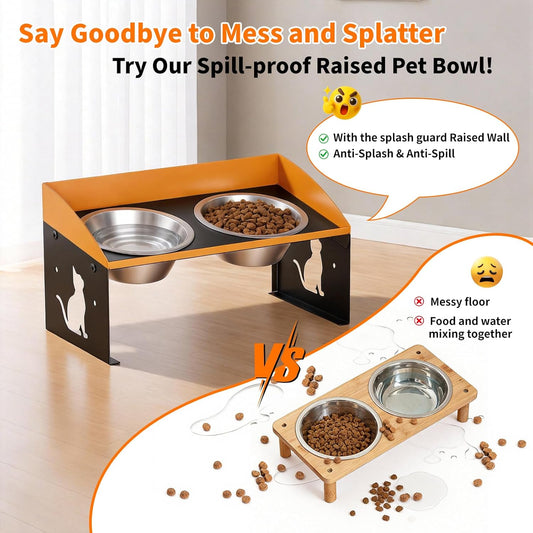 No Spill Raised Cat Food Bowl, 3-in-1 Elevated Dog Bowls with Splash Proof, Adjustable Cute Metal Stand,12° Tilted Anti-Vomiting, Stainless Steel Food and Water Bowl Set for Cats and Small Dogs