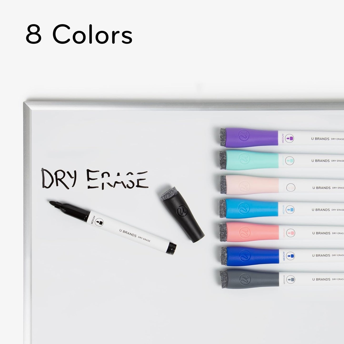 U Brands Fine Tip Dry Erase Markers with Eraser, Low Odor Whiteboard Markers Fine Tip, Assorted Bright Colors, Set of 8