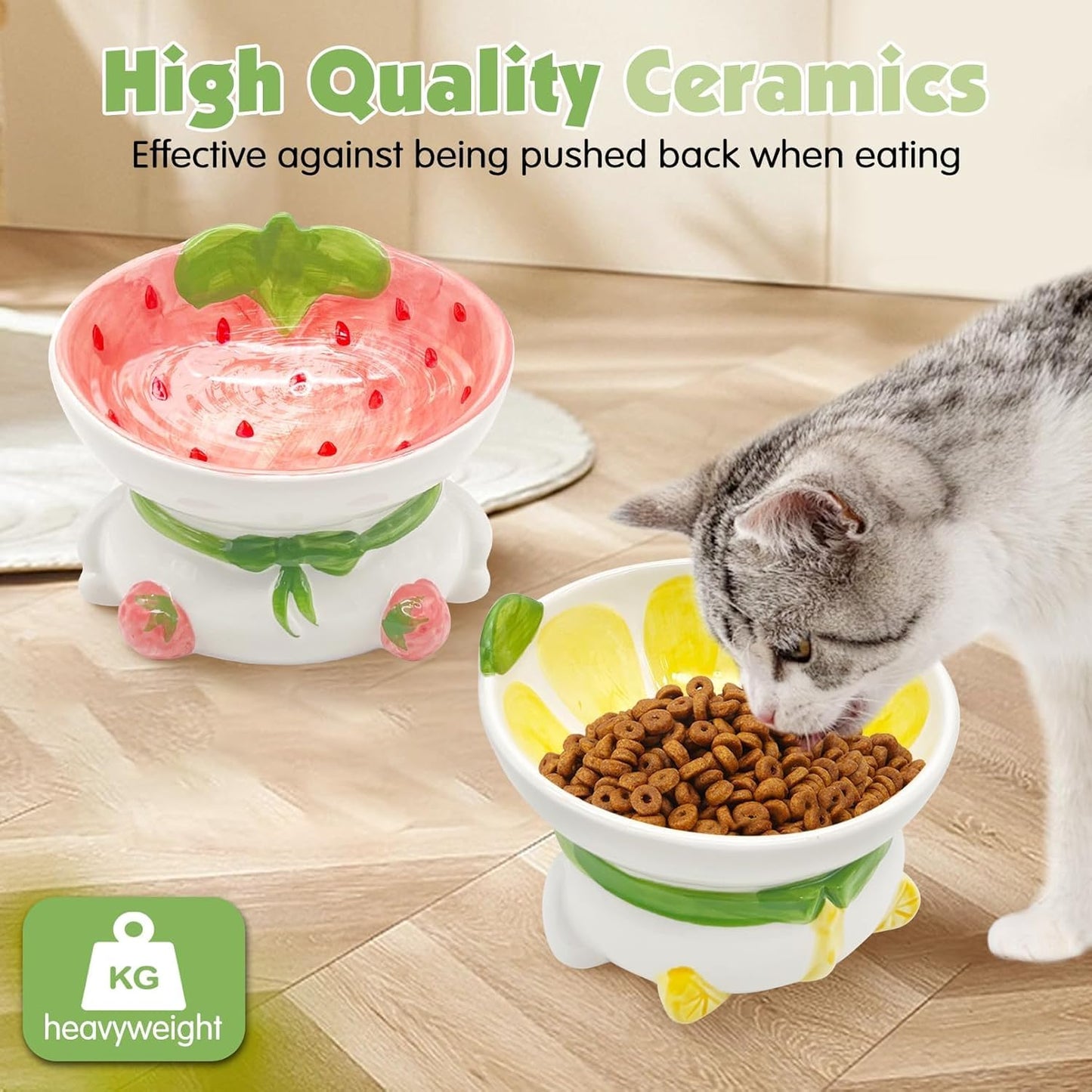 kathson Ceramic Raised Cat Bowl, 15° Tilted Elevated Cat Food Bowl, Raised Cat Food Bowls Anti Vomiting, Small Cat Feeding Bowlswith Stand for Protecting Spine, Strawberry Shaped Cute Kitten Bowl