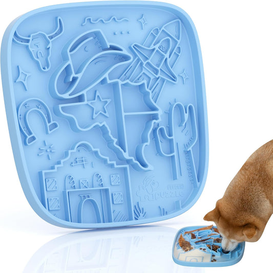 Puzzle Feeder Snuffle Mat and Lick Mat for Dogs,Texas Textured Slow Feeder, 0.75 Inch Thin Silicone Mat Holds 3 Cups, Dishwasher and Microwave Safe, Blue
