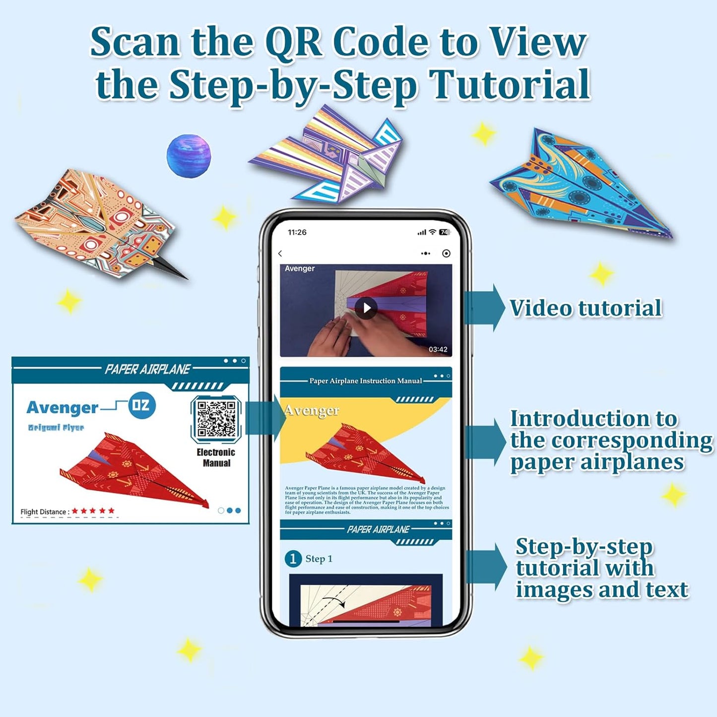 Paper Airplane Kits with 16 Classic Designs, 32 Sheets of Colorful Origami Paper, World Record Paper Planes, Crafts for Boys Ages 6-12+ , Easter Basket Stuffers and Gift for Boys(Digital Manual Only)