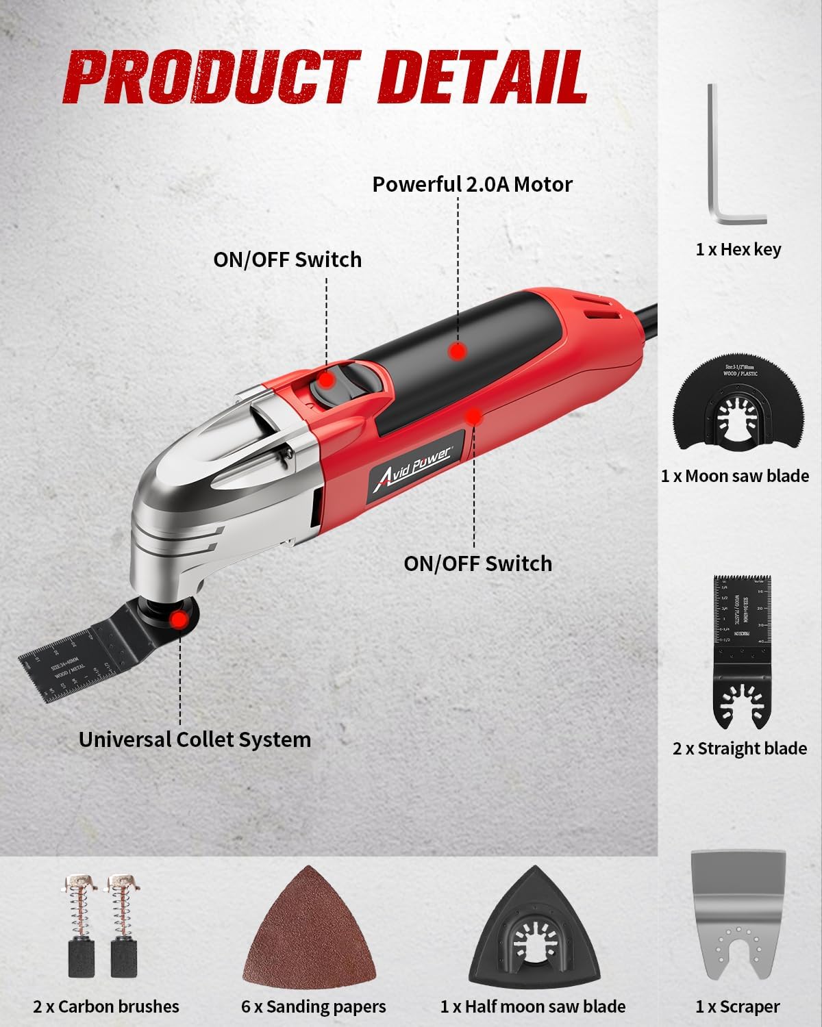 AVID POWER Oscillating Tool, 22000 OPM Electric Oscillating Multi Tool with 3°Oscillation Angle, Cutting, Sanding, Grinding, Scraping, 11 Accessories & Universal Interface-Red
