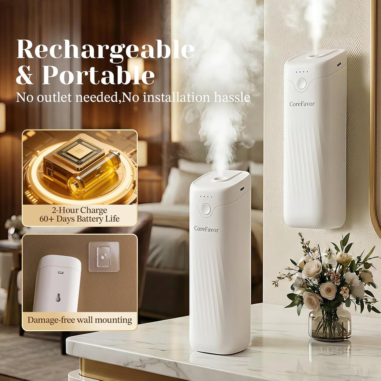 Waterless Essential Oil Diffuser with 120ml Oil, Portable Battery-Operated Cold Air Aroma Scent Machine, 4 Adjustable Intensity Levels, Quiet Diffuser for Bedroom Office Bathroom Car