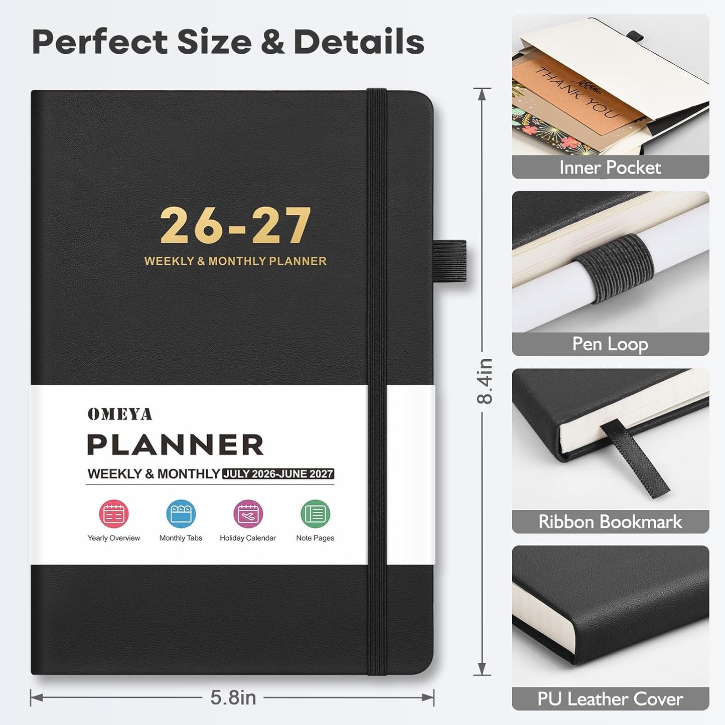 OMEYA 2026-2027 Weekly & Monthly Planner: A5 Black Leather Business Planner for Work, July 2026 – June 2027, 100gsm Thick Paper, Durable Stitched Binding, Tabs, Pen Loop, Pocket – Professional Planner