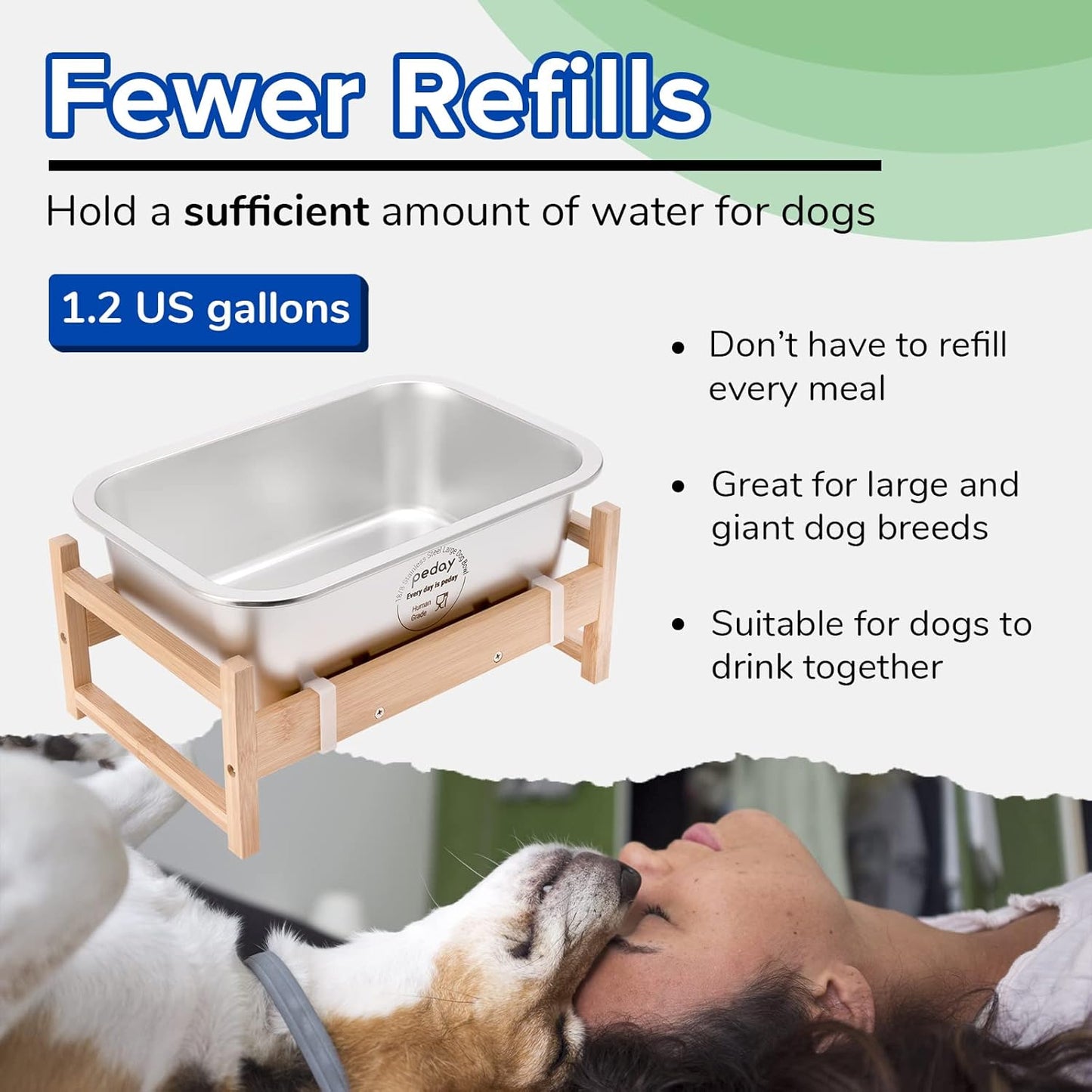 PEDAY 1.2 Gallon Raised Dog Water Bowl, Human Grade 18/8 Stainless Steel
