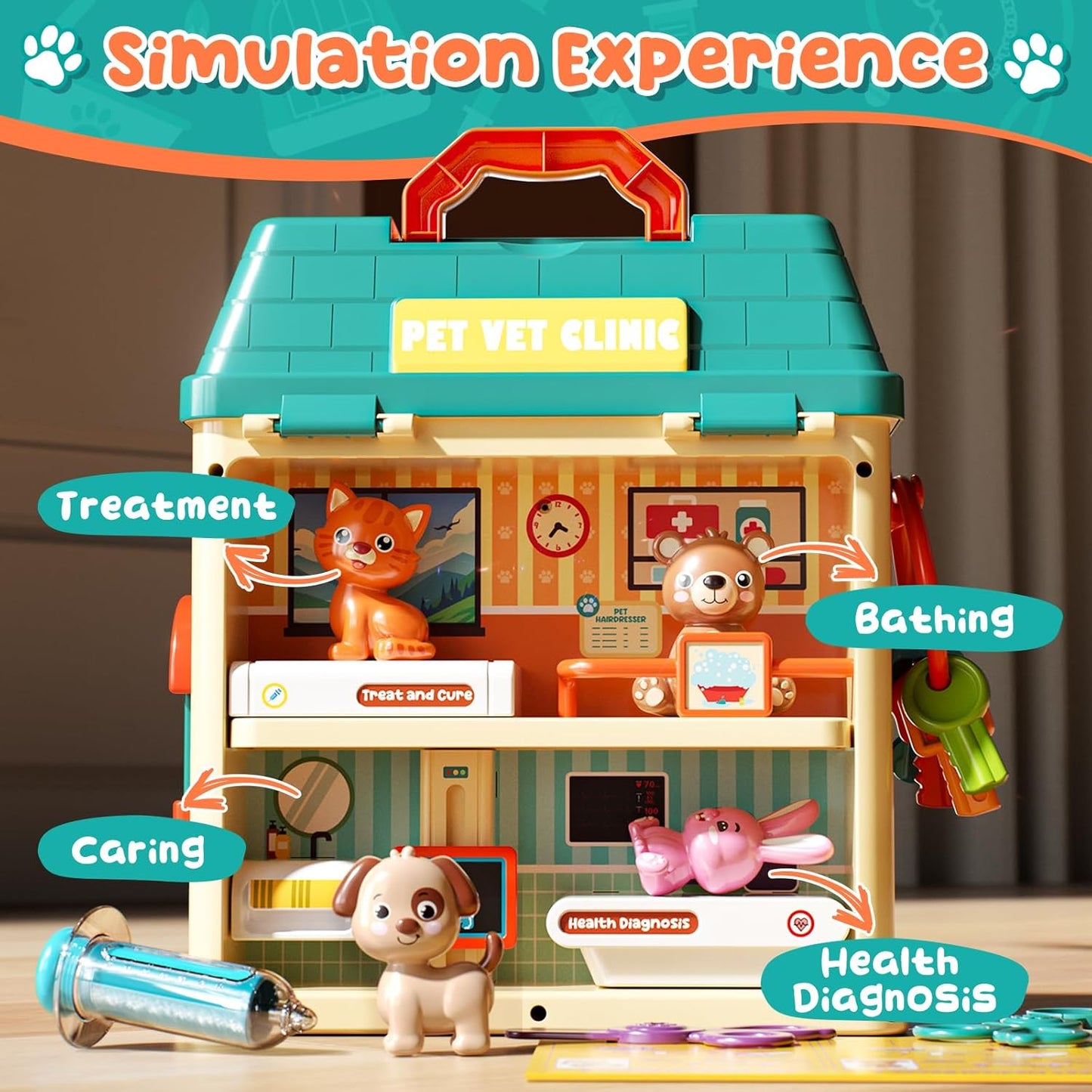 Lehoo Castle Veterinarian Playset for Kids, Pet Vet Toys Doctor Kit for Toddlers 3-5, Critter Clinic Toy with Keys, Pet Care Playset Hospital, Pretend Play Toy for Toddlers 1-3