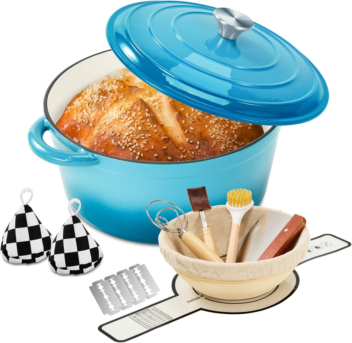 Enameled Cast Iron Dutch Oven with Lid -6.5 QT, incl. Sourdough Bread-Baking Supplies like Banneton Proofing Basket, Heavy Duty Cookware Bread-Oven for Baking, Stews, and Roasting, Sea Blue