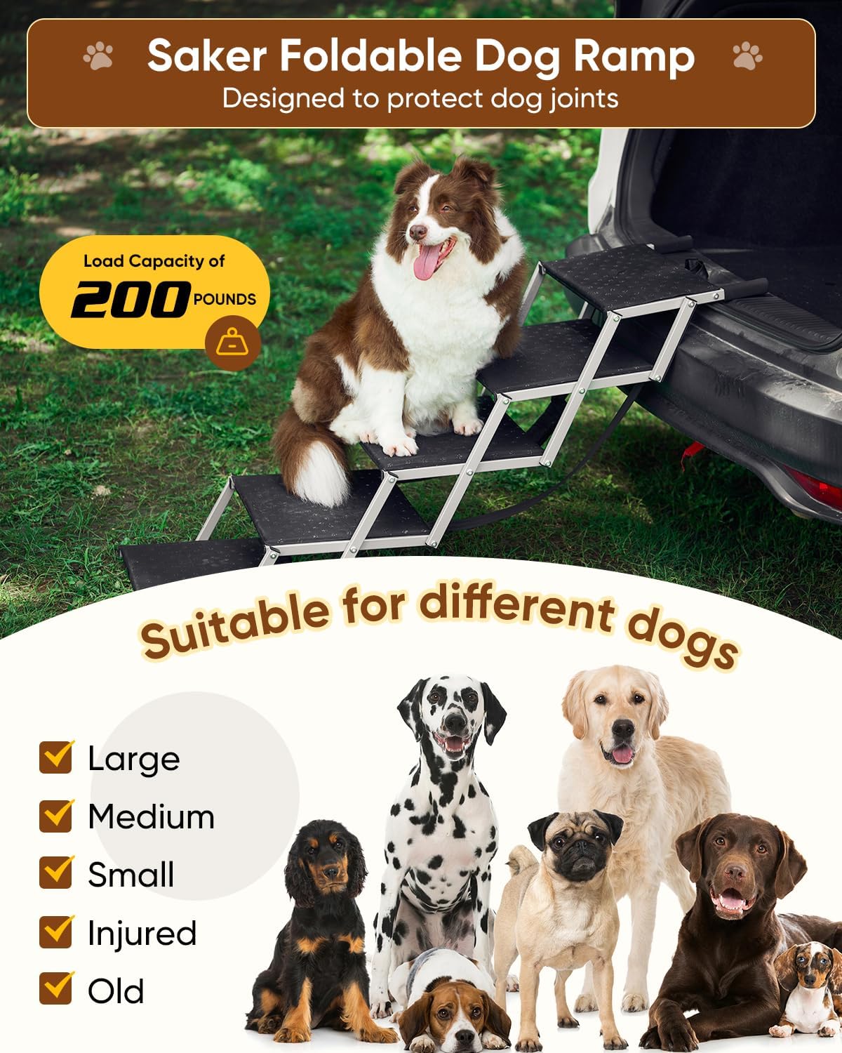 Saker Foldable Dog Ramp for Cars, SUVs, Trucks, Portable Pet Dog Stairs with Non-Slip Surface & Reinforced Design, Lightweight Yet Sturdy Supports Up to 200lbs (Extra Wide-5 Pet Steps)