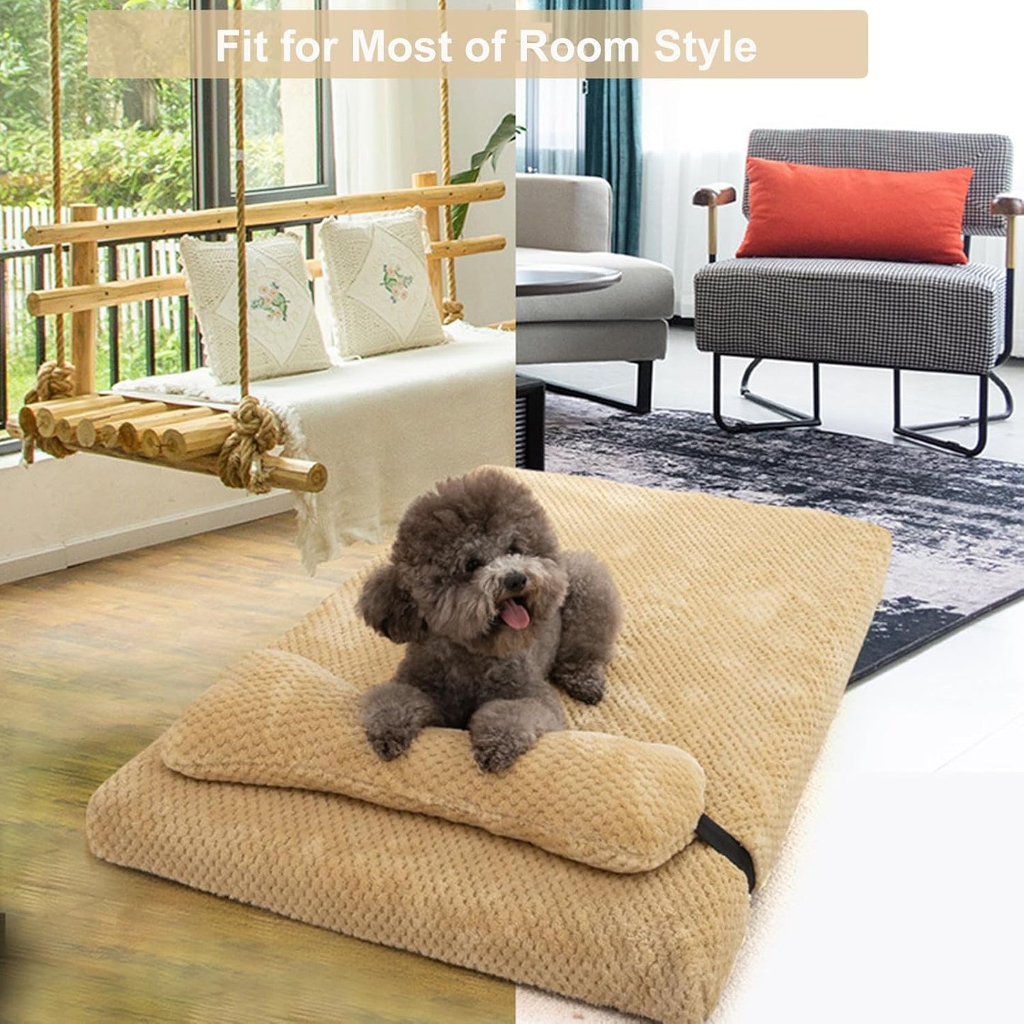 huraty Orthopedic Dog Bed with Bolster Pillow, Soft Plush Pet Bed Mat Non-Slip Bottom, Washable Pet Bed Mattress for Crate Kennel Suitable for Pets Up to 10 lbs, Coffee 19.6x15.7x2 in