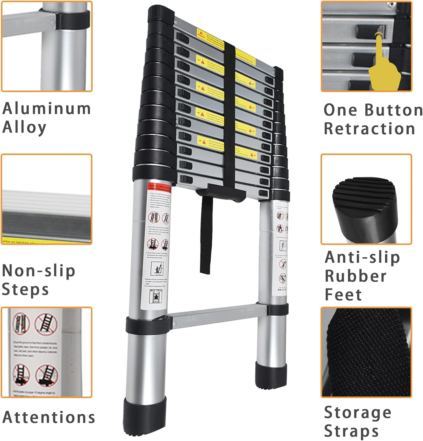 Telescoping Extension Ladder 14.5 FT, Folding Telescopic Aluminum Ladders, Lightweight Collapsible Ladder Step for RV Roof Attic Home, 330 LB Capacity (14.5 FT)