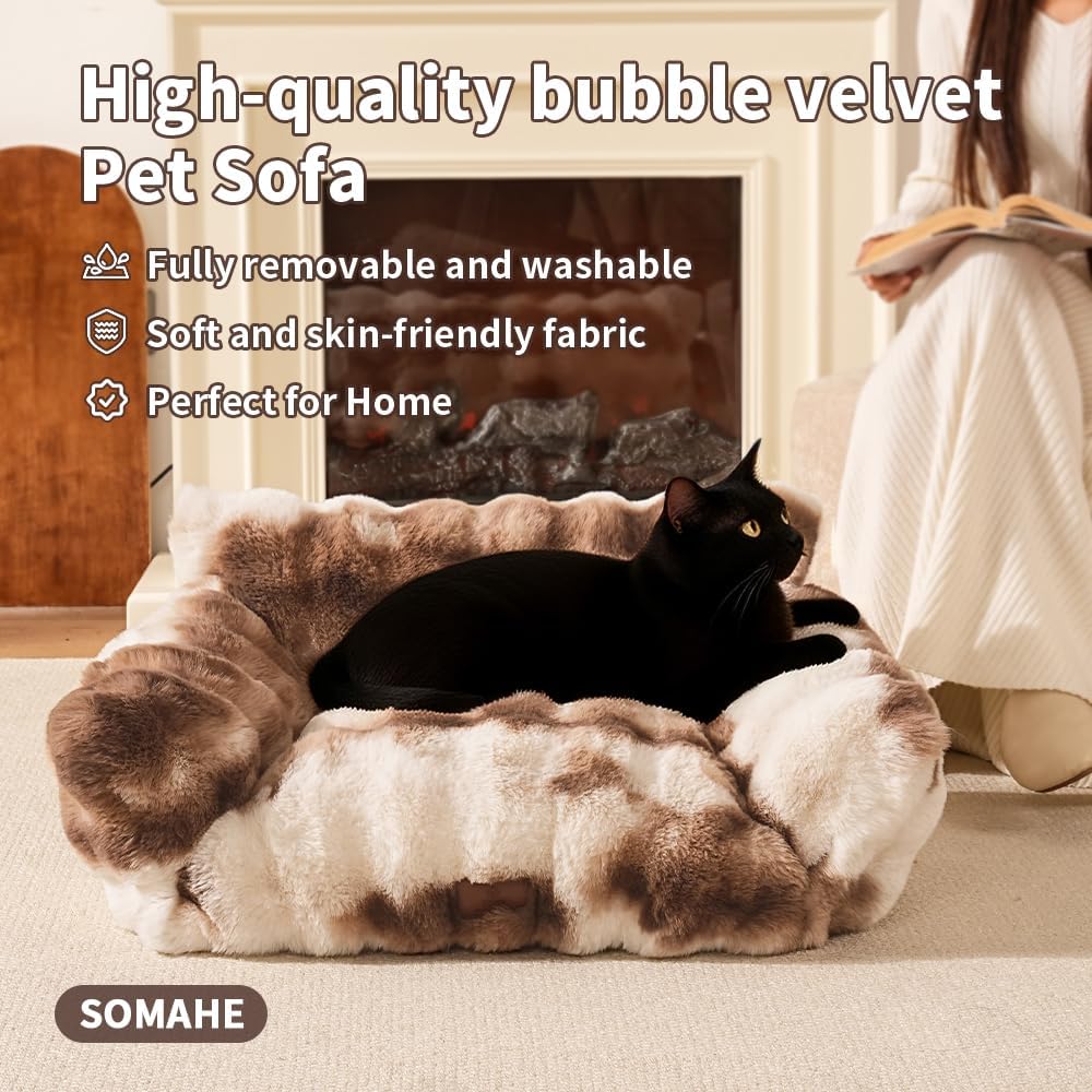 Cat Bed for Indoor Cats Dog Couch Cat Couch Bed Washable Dog Beds for Small Dogs & Cats with Removable Cover, Fluffy Pets Couch with Non-Slip Bottom 24"X18"X10"Coffee