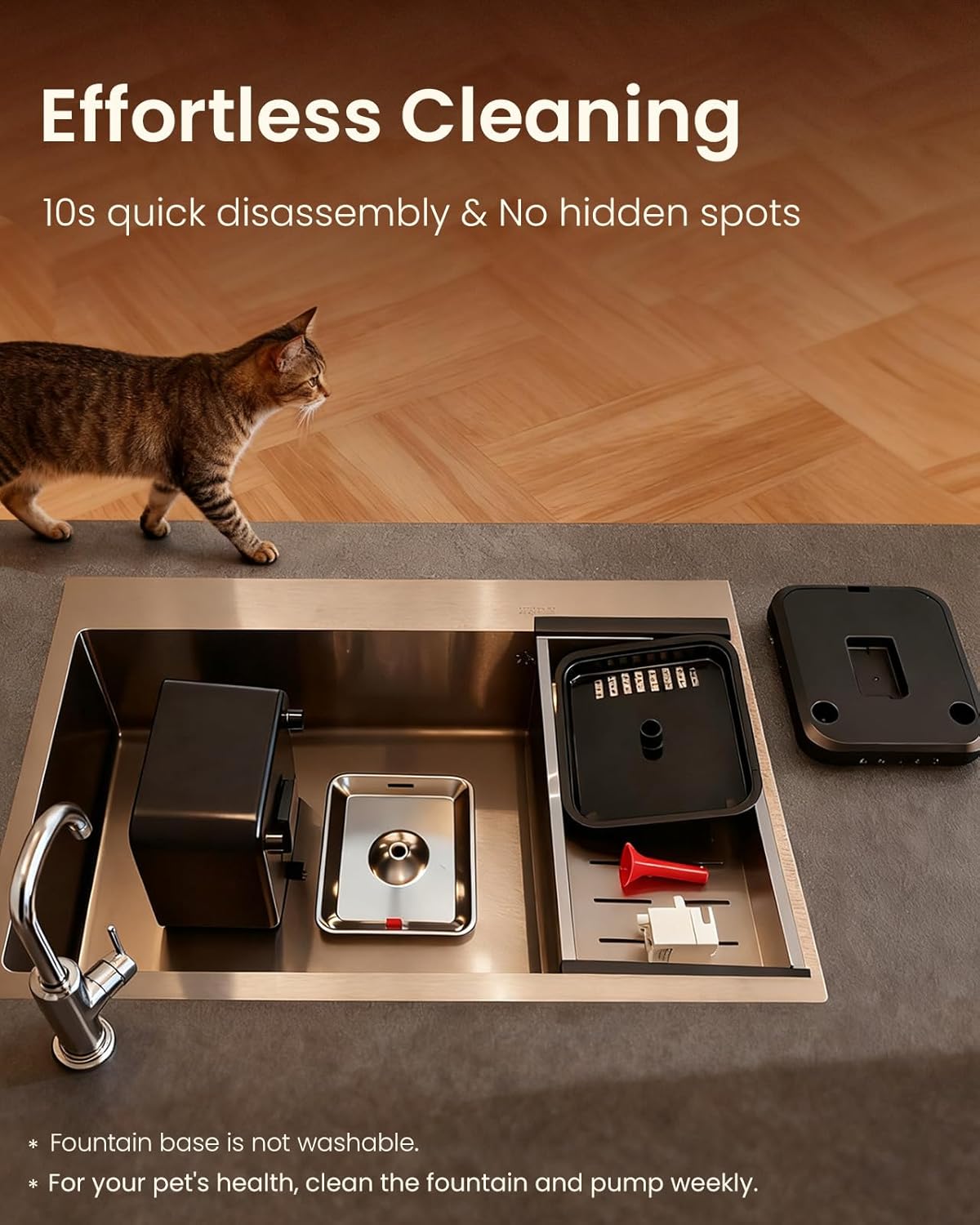 Cordless Cat Water Fountain, 3L/100oz Stainless Steel Tray, Cat Fountains for Drinking, Pet Water Fountains Indoor, Automatic Dog Water Bowl Dispenser, Rechargeable Battery Operated Black
