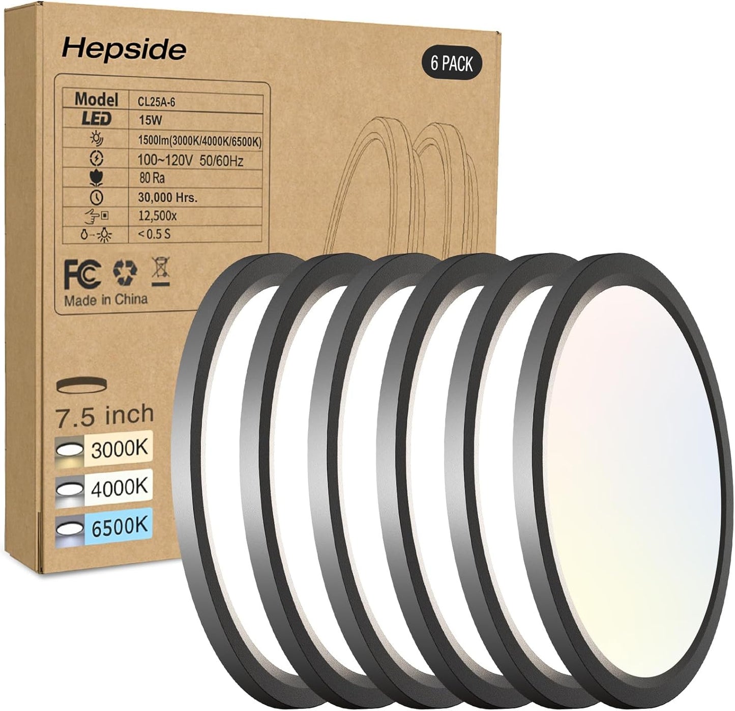 6PACK LED Flush Mount Ceiling Light, 3CCT Selectable 3000K-4000K-6500K & 100W Equivalent Disc Closet Ceiling Light Fixture 7Inch 15W 1500Lm for Bathroom Hallway Bedroom Kitchen Basement(NOT-Dimmable)