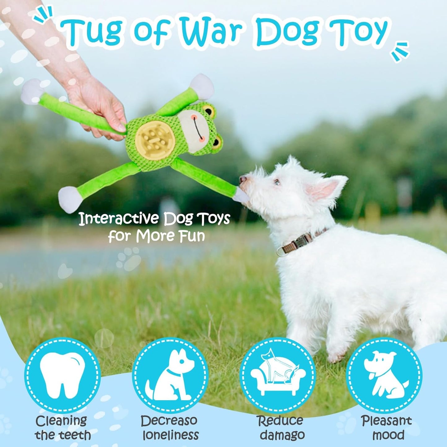 Squeaky Dog Toys - Interactive Frog Plush Dog Toy with Slow Feeder & Tug of War Game, Mental Stimulation Fluffy Stuffed Puppy Toys for Small, Medium, Large Breeds, Durable
