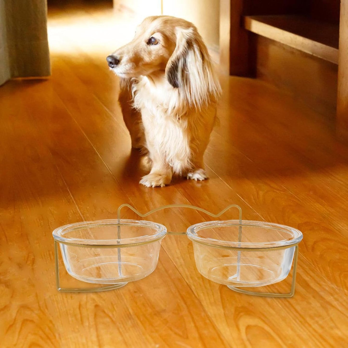 Milisten Elevated Double Glass Cat Dog Food Bowl with Tilted High Stand, Raised Pet Feeding Bowl for Cats and Dogs, Spill-Resistant Neck Guard Design