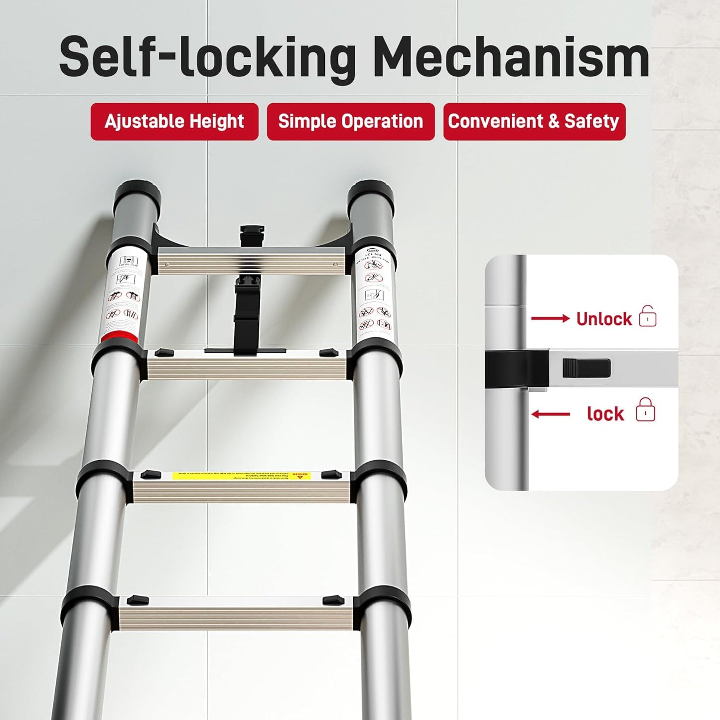 Telescoping Ladder 12.5 FT,CE ANSI Certified Aluminum Extension Ladder with 2 Triangular Stabilizers,330 lbs Max Capacity Multi-Purpose Portable Collapsible Ladder for RV,Outdoor Work Silver