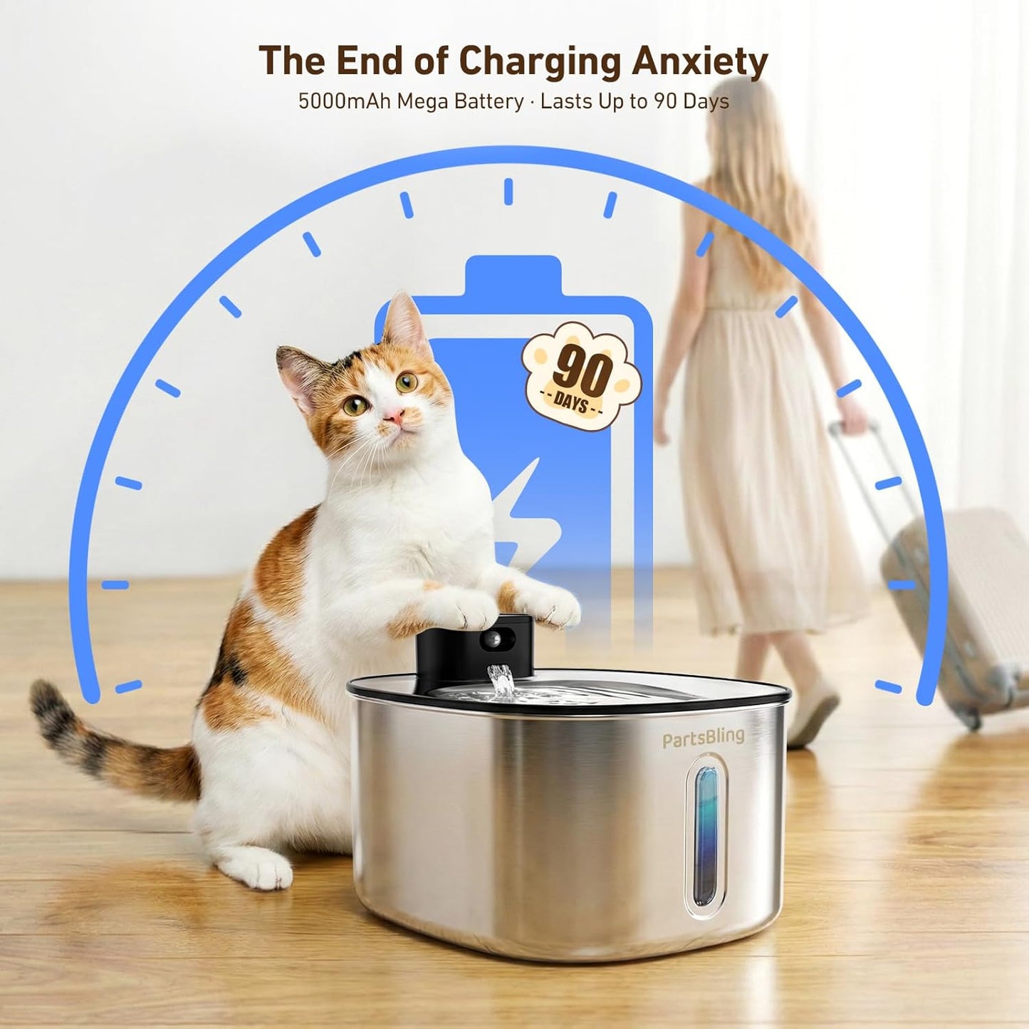 PartsBling Wireless Cat Water Fountain Stainless Steel, 4.2L/142 fl oz Cordless Pet Water Dispenser Bowl with 5000 mAh Rechargeable Battery with 4 Filters (Black Pump)