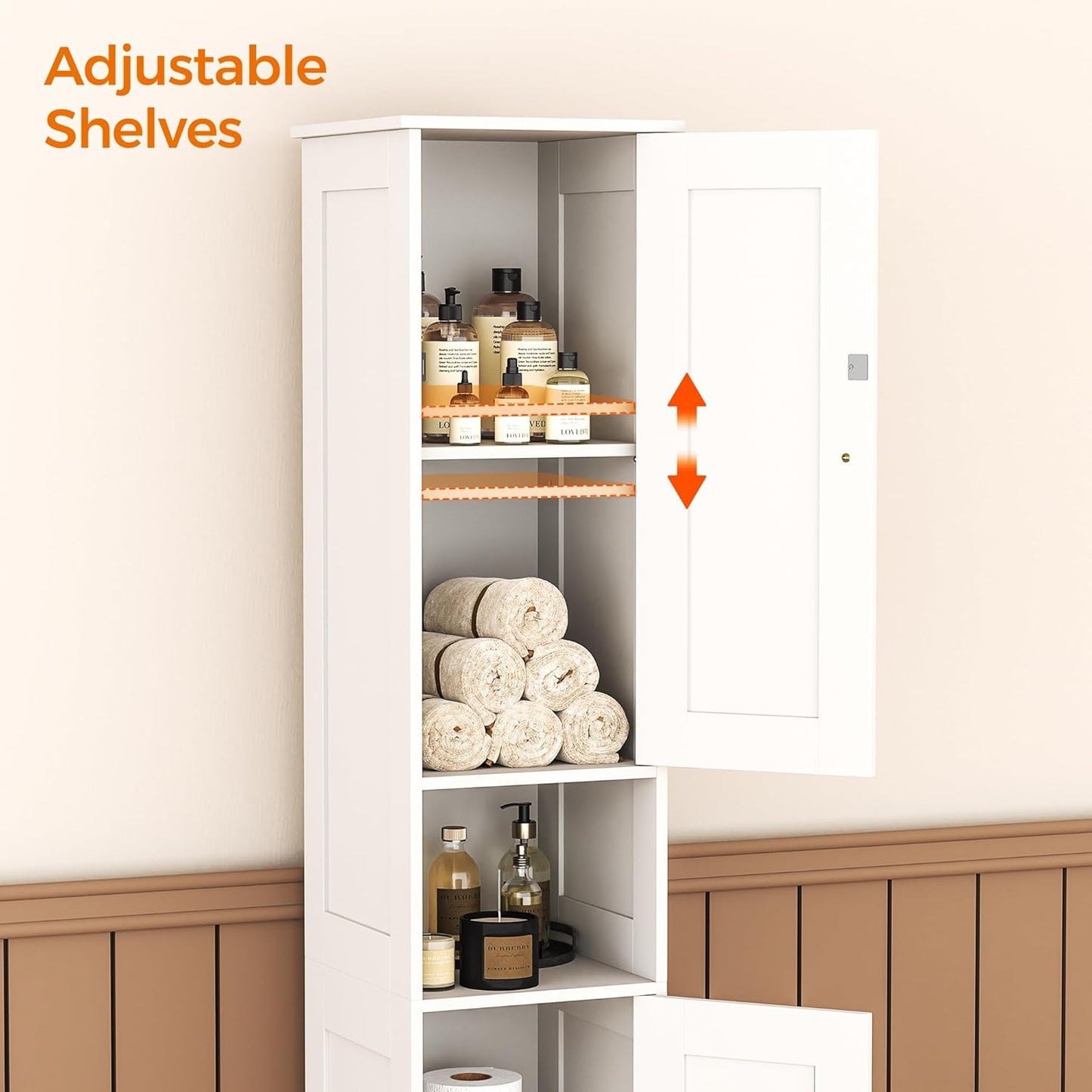 Tall Bathroom Storage Cabinet with 2 Doors, 67"H Narrow Storage Cabinet with Adjustable Shelves& Anti-Tip Design, Reversible Door Installation, Easy Assembly, 11.8 x 11.8 x 66.9 Inches, White