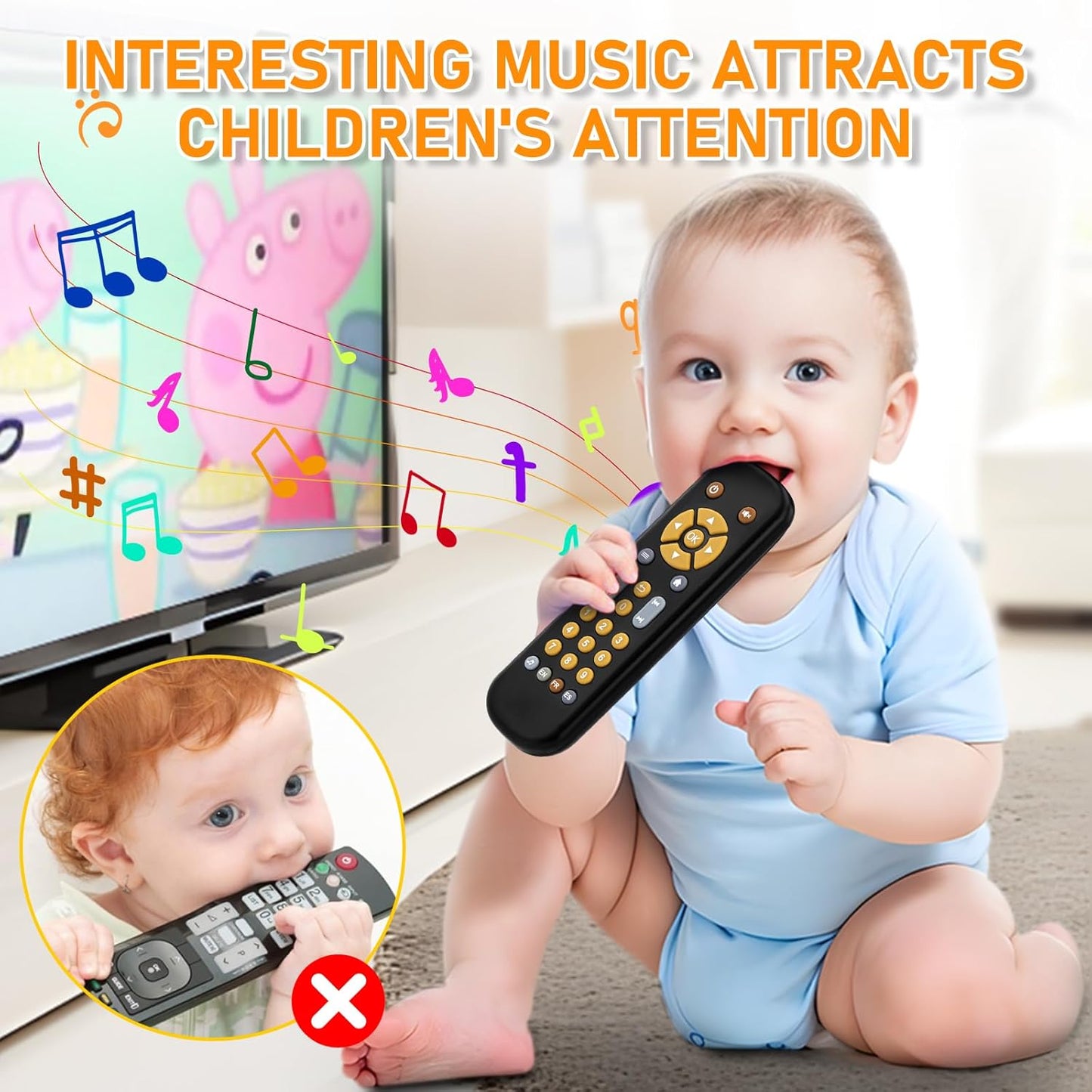 Baby TV Remote Control Toy 6 Month+, Toddler Realistic Remote Toy with Sound and Light, Early Educational Music Toys with 3 Languages English French Spanish for Infant Boys Girls 6 12 18 months