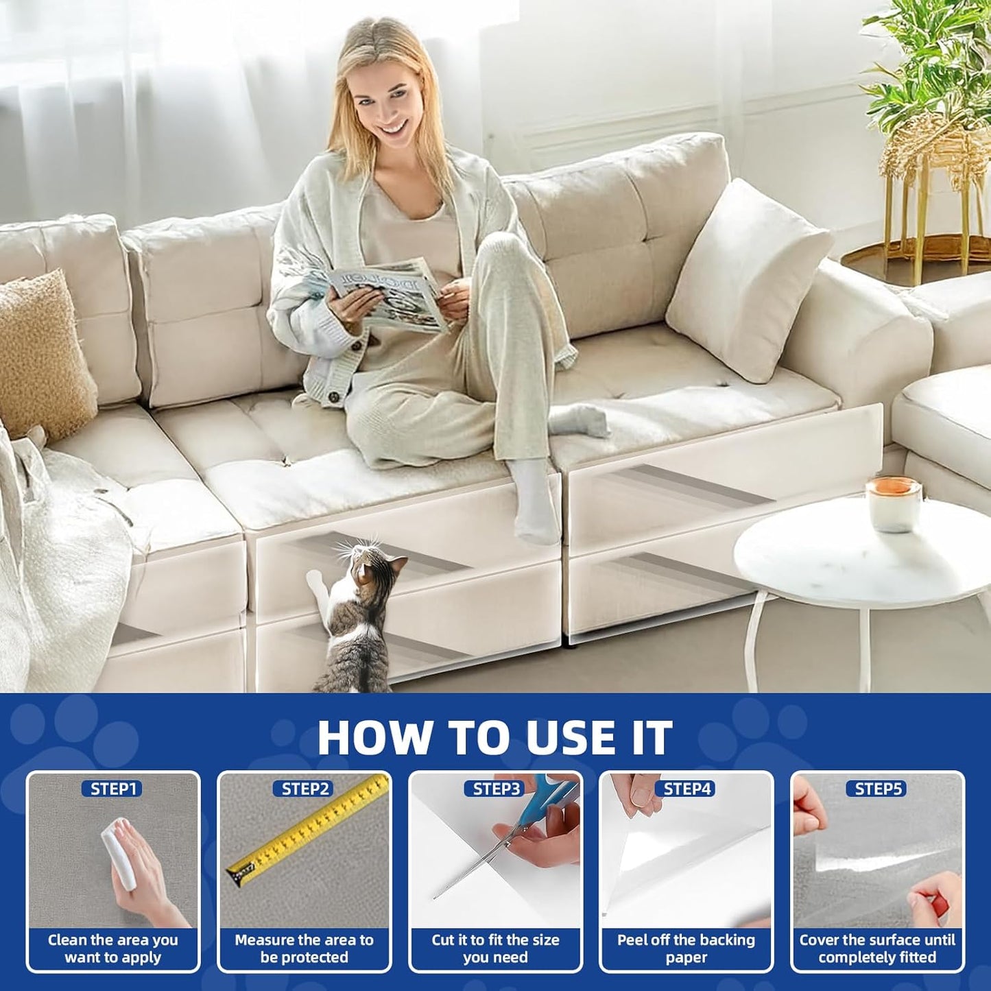 TOOSOFt Anti Cat Scratch Furniture Protector Clear Thicken Vinyl 196.9"x16.5" Couch Protector from Cat Claws - Single Sided Sticky Flexible Dog Tape for Furniture, for Couch Corner Door Walls Bed