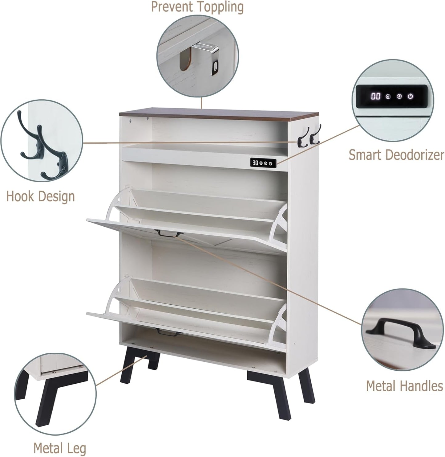 TaoHFE Deodorizing Shoe Organizer Cabinet Storage for Entryway,Shoe Cabinet Storage with 2 Flip Drawers,White Fluted Shoe Cabinet with Air-Purifier,Farmhouse Hidden Cabinet