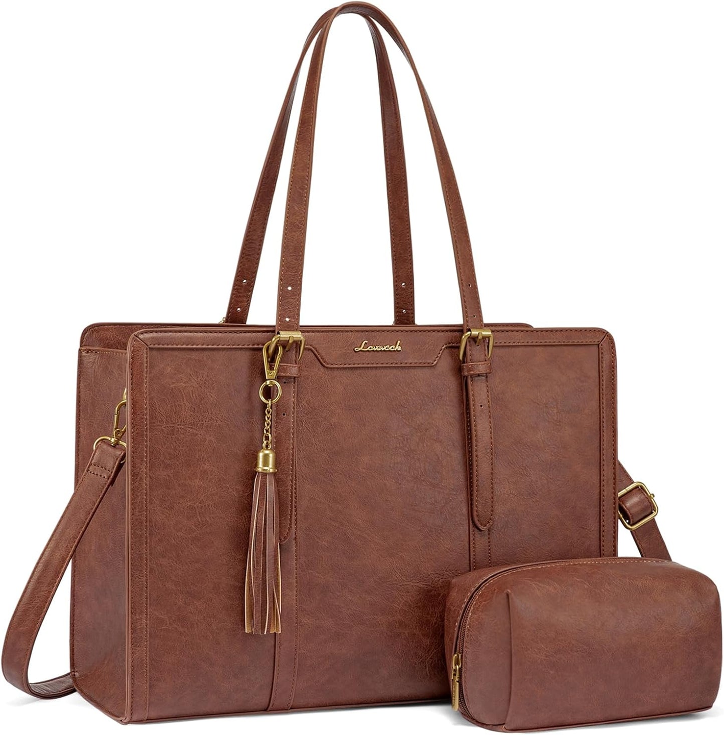 LOVEVOOK Laptop Tote Bag for Women,15.6 Inch Vintage Work Bag with Clutch,Large Leather Laptop Purse with Cup Holder for Teacher,Office